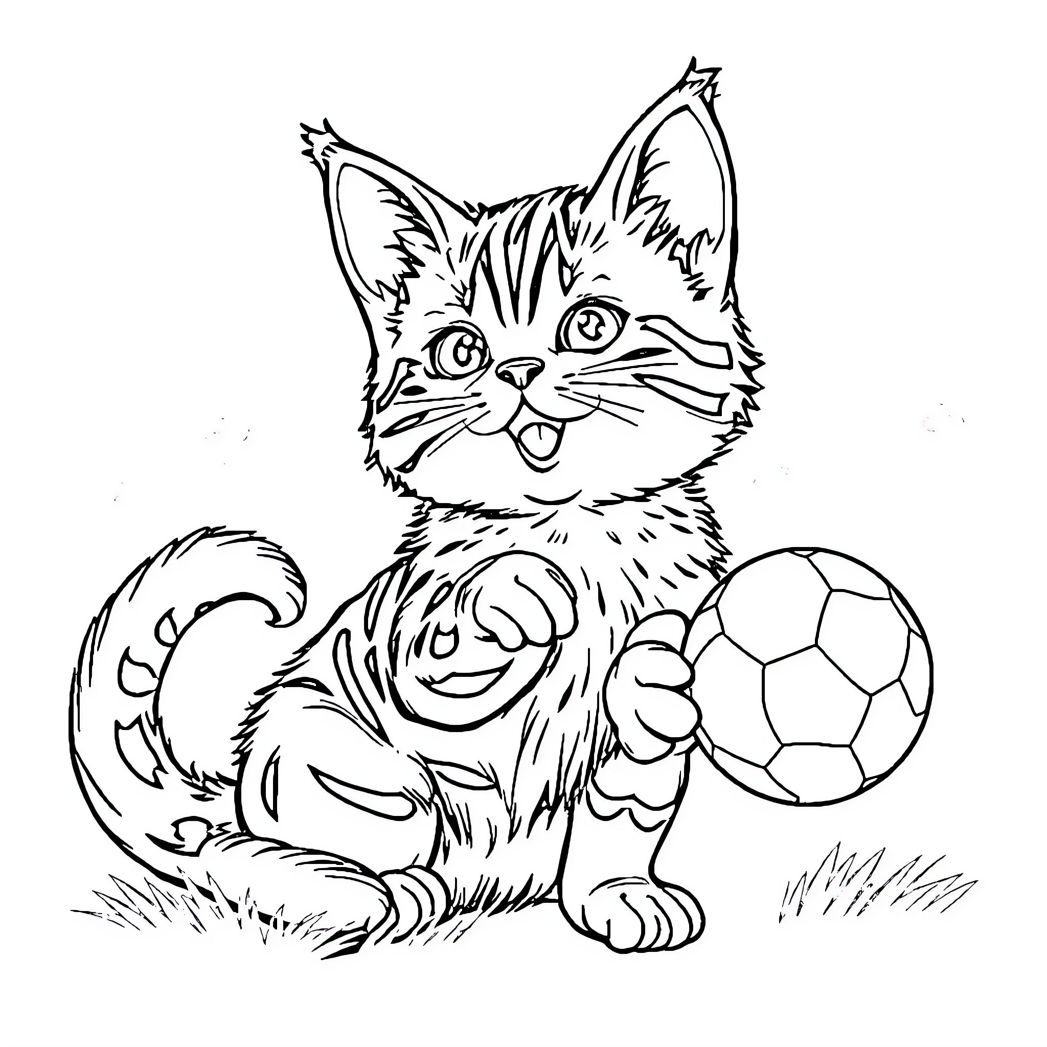 Cat playing with soccer ball in field Coloring Page (free black-and-white line drawing printable PDF for all, from beginners to advanced learners, including children, teens, adults, and seniors)