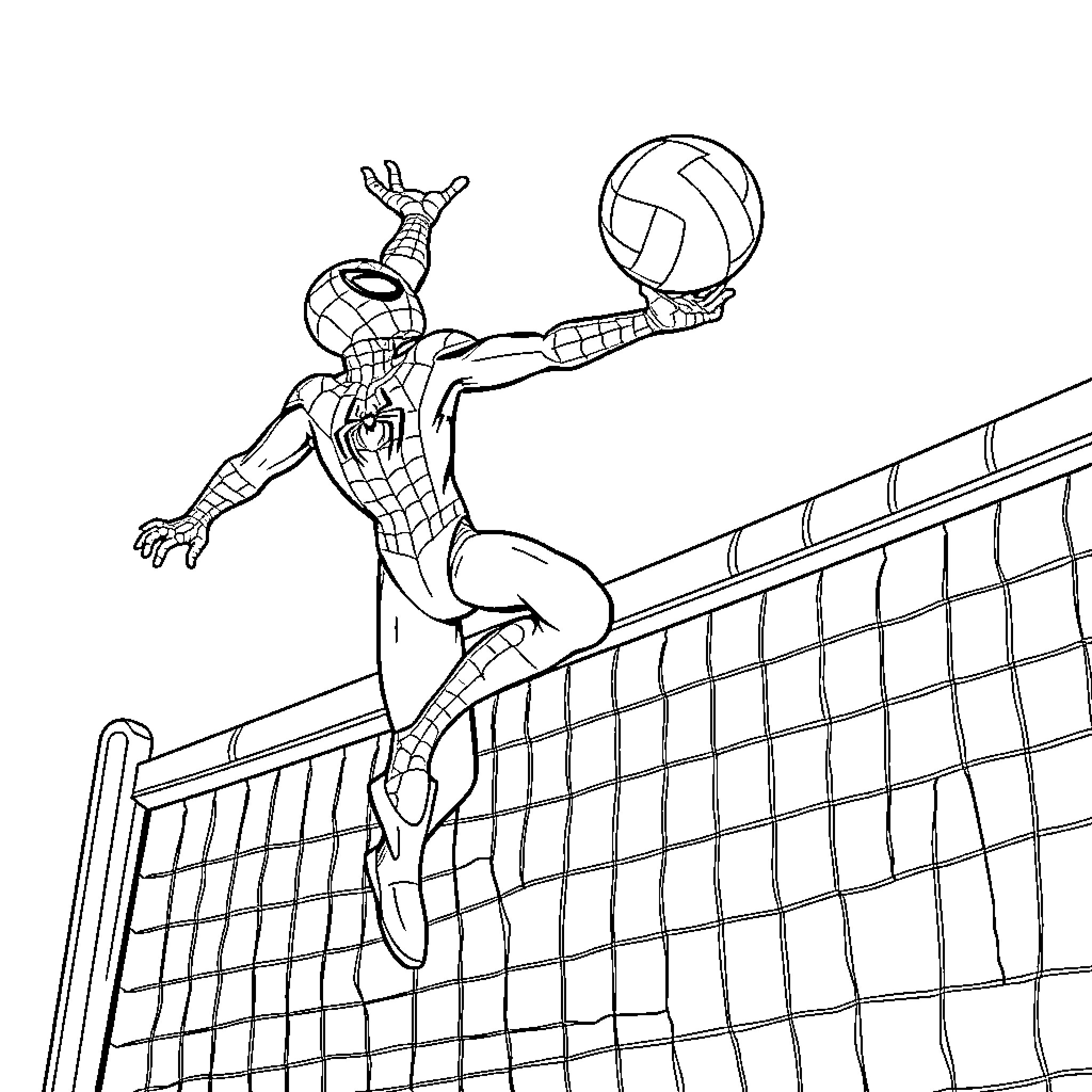 Spiderman playing volleyball with enthusiasm Coloring Page (free black-and-white line drawing printable PDF for all, from beginners to advanced learners, including children, teens, adults, and seniors)