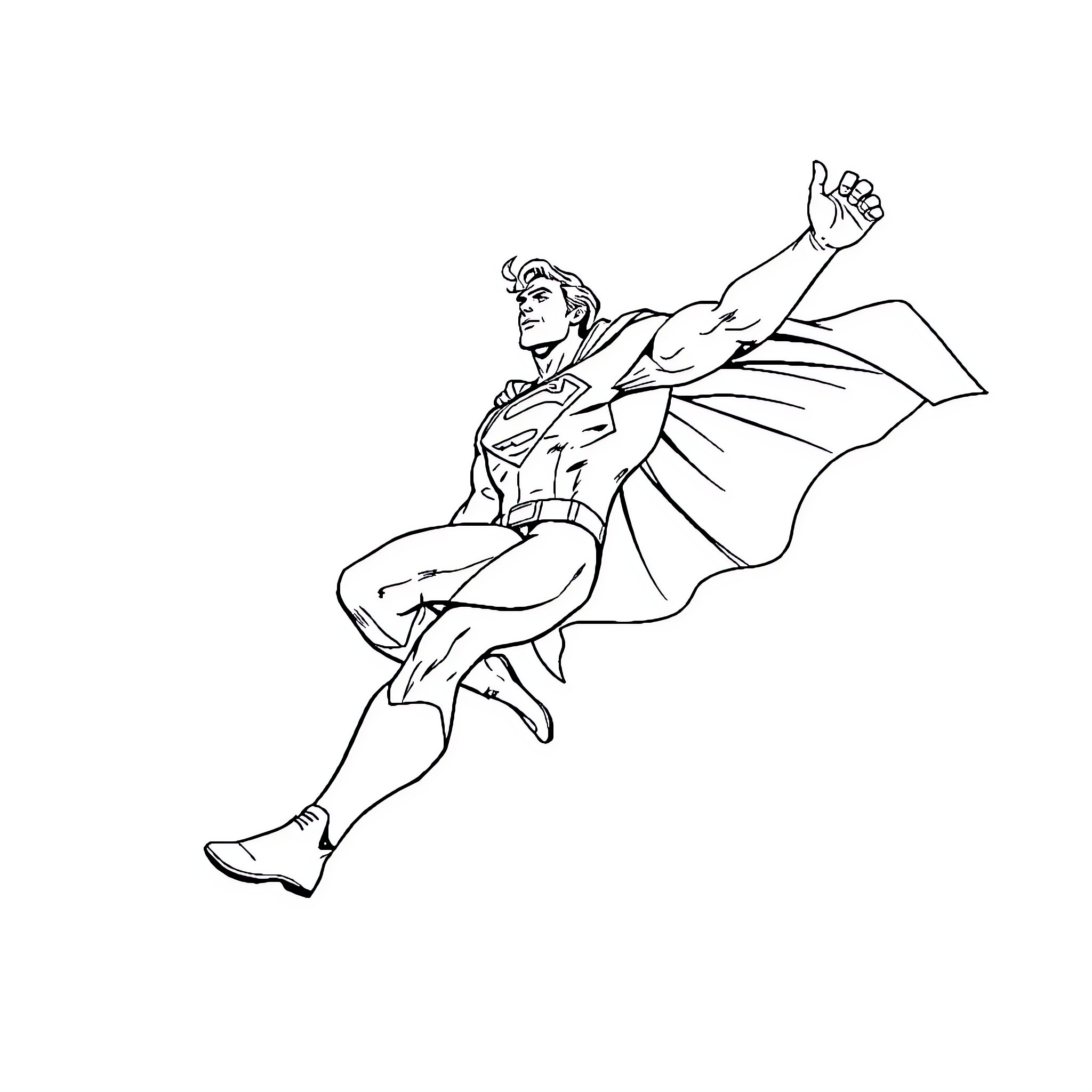 Superman in mid-flight action pose Coloring Page (free black-and-white line drawing printable PDF for all, from beginners to advanced learners, including children, teens, adults, and seniors)