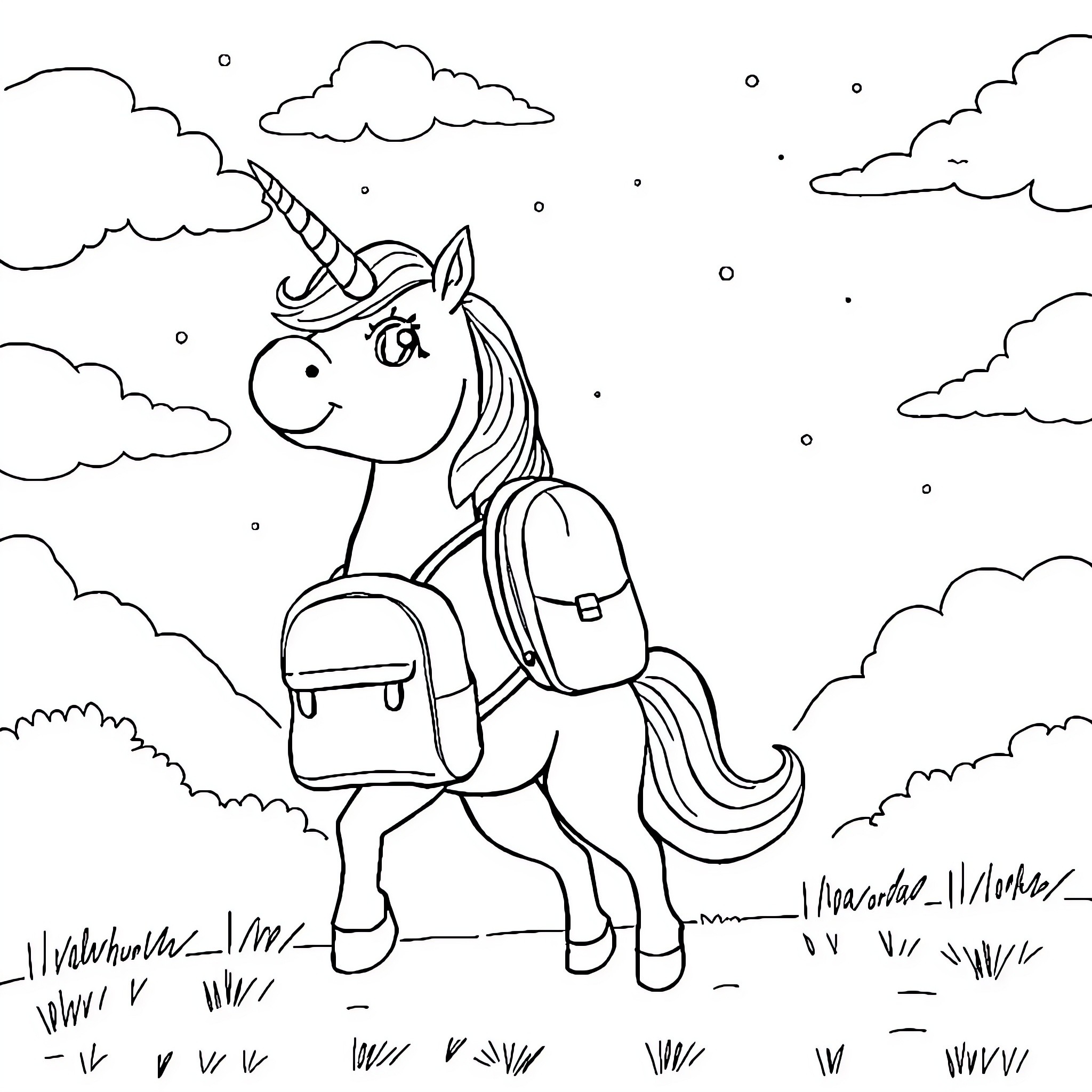 Unicorn Carrying Backpack in the Sky Coloring Page (free black-and-white line drawing printable PDF for all, from beginners to advanced learners, including children, teens, adults, and seniors)
