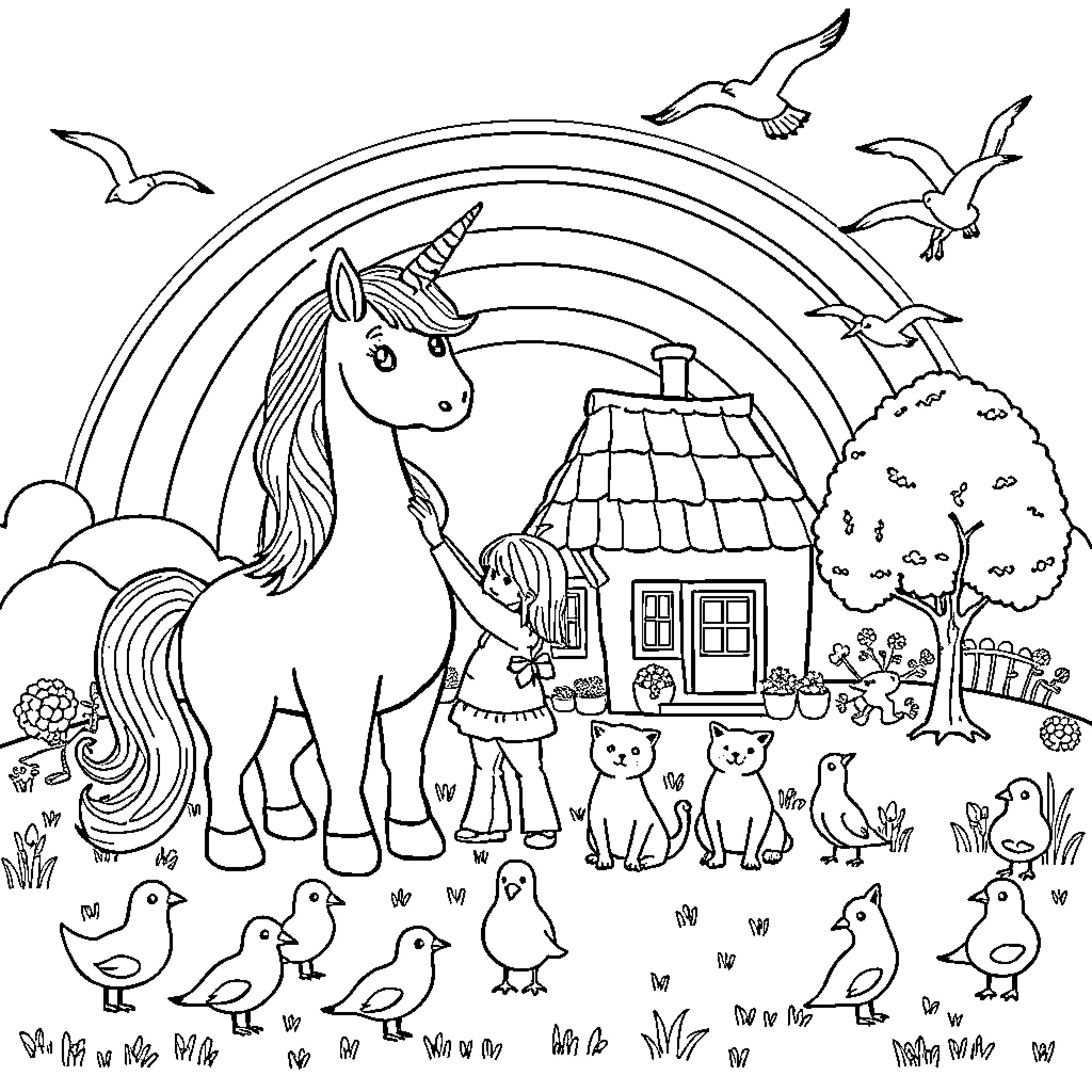 Unicorn enchanted farmyard scene with animals Coloring Page (free black-and-white line drawing printable PDF for all, from beginners to advanced learners, including children, teens, adults, and seniors)