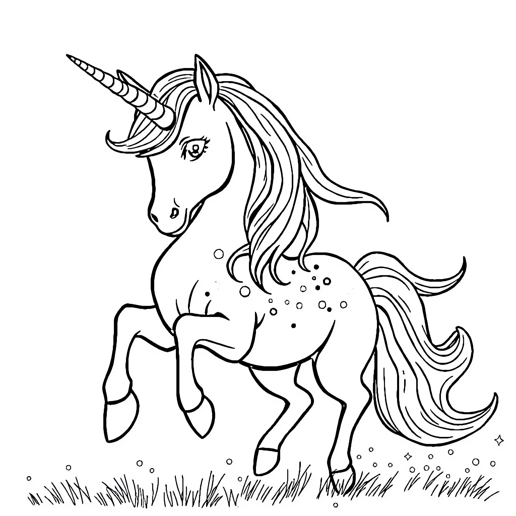 Unicorn prancing gracefully in the meadow Coloring Page (free black-and-white line drawing printable PDF for all, from beginners to advanced learners, including children, teens, adults, and seniors)