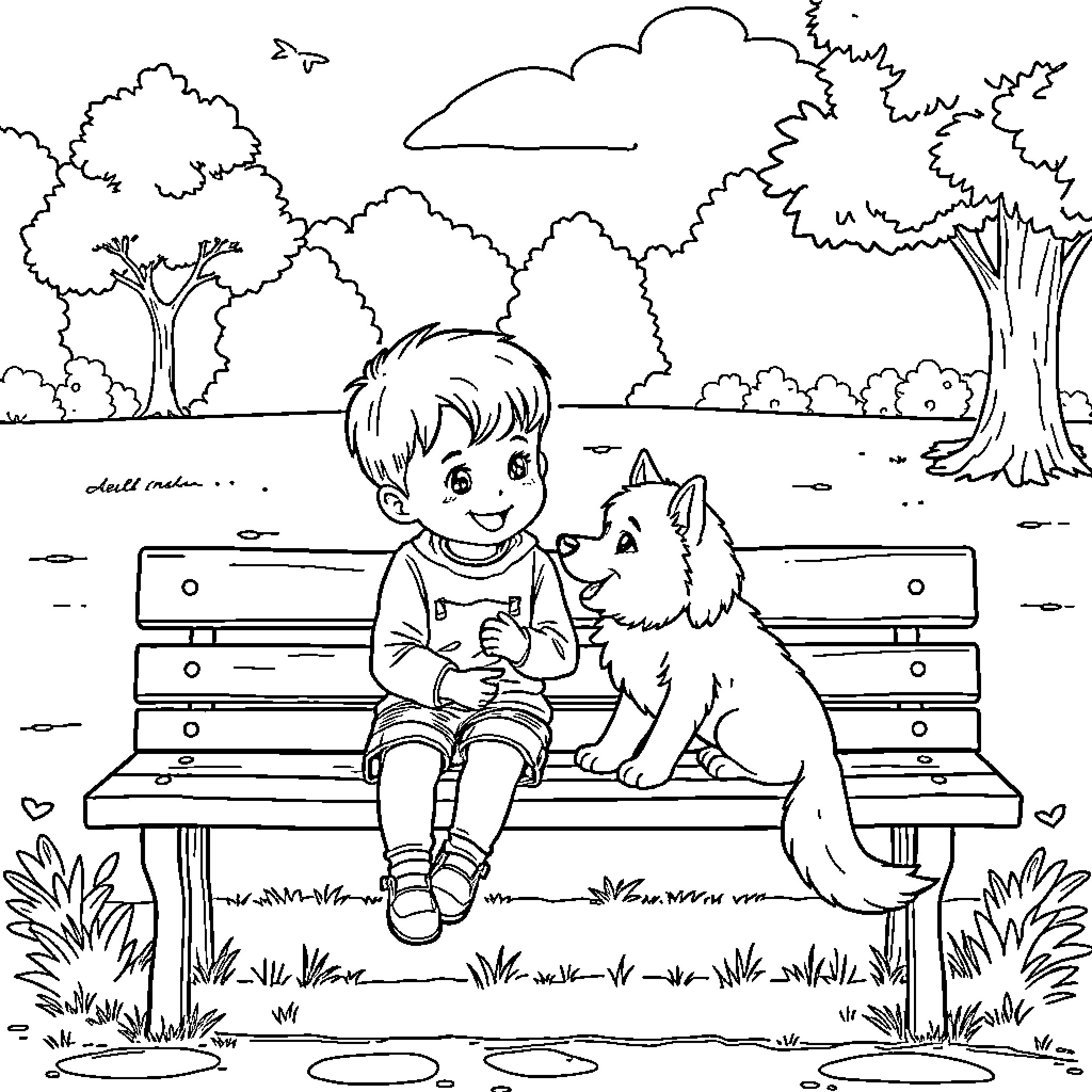 Boy spending time with his loyal dog in the park Coloring Page (free black-and-white line drawing printable PDF for all, from beginners to advanced learners, including children, teens, adults, and seniors)