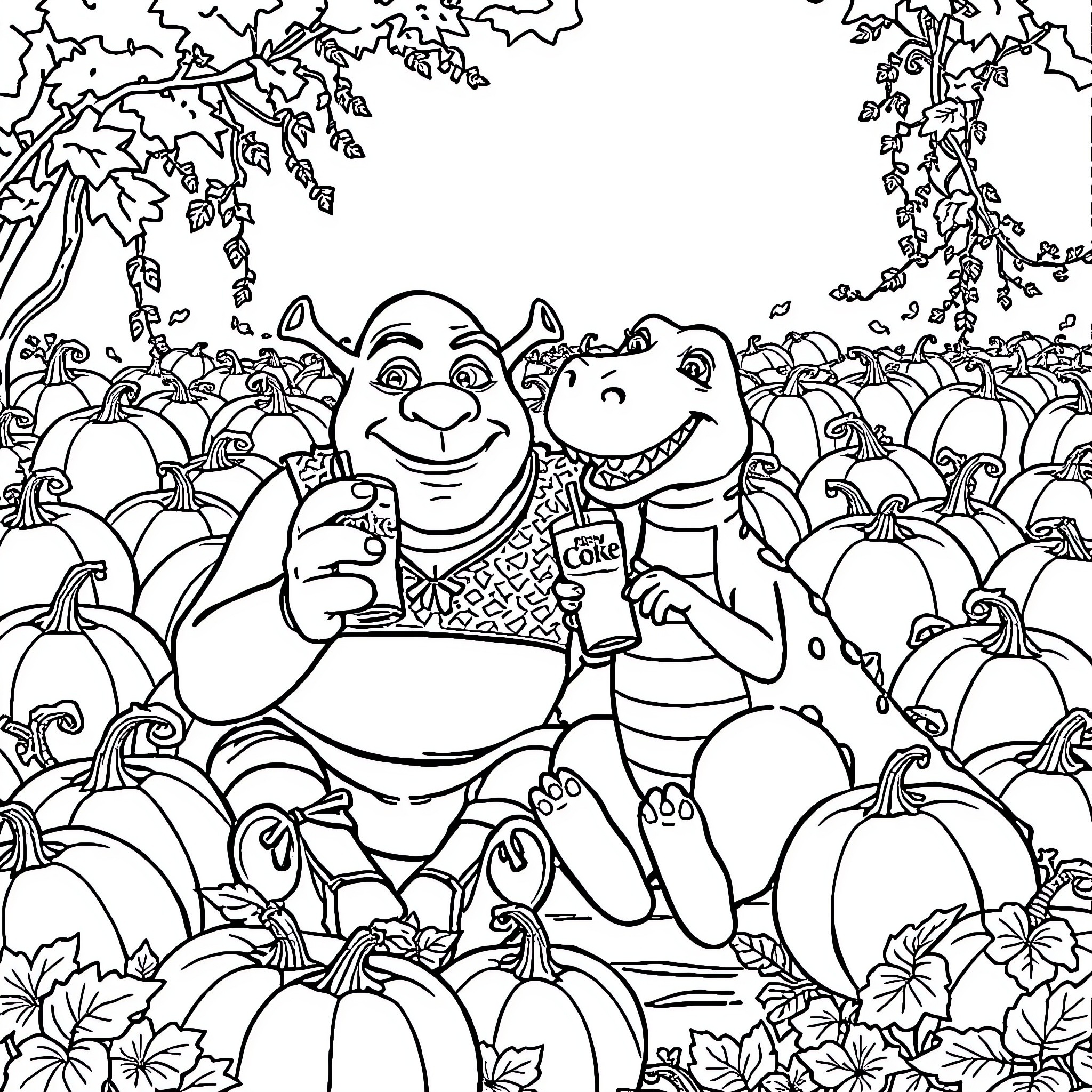 Shrek and Donkey surrounded by pumpkins and fall foliage Coloring Page (free black-and-white line drawing printable PDF for all, from beginners to advanced learners, including children, teens, adults, and seniors)