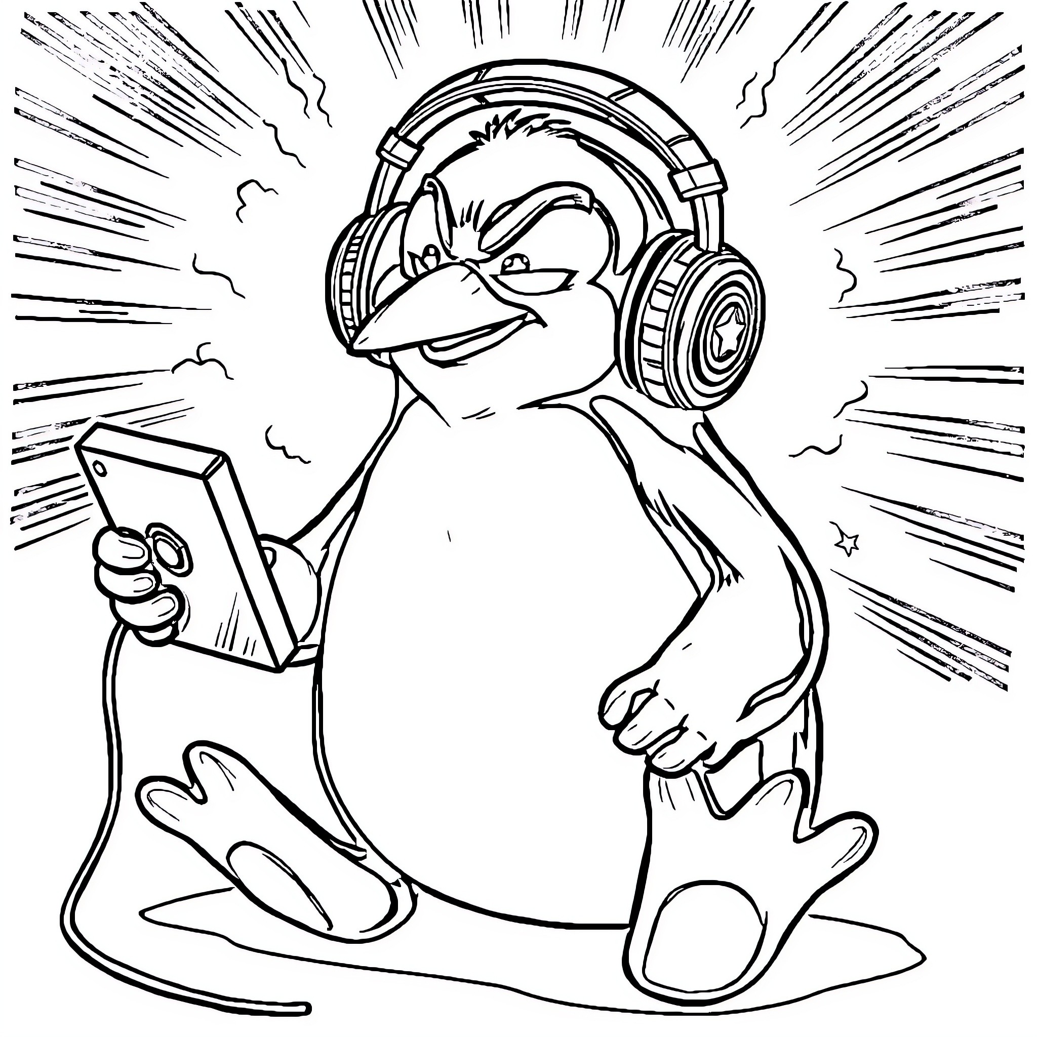 Penguin jamming out to music on headphones Coloring Page (free black-and-white line drawing printable PDF for all, from beginners to advanced learners, including children, teens, adults, and seniors)