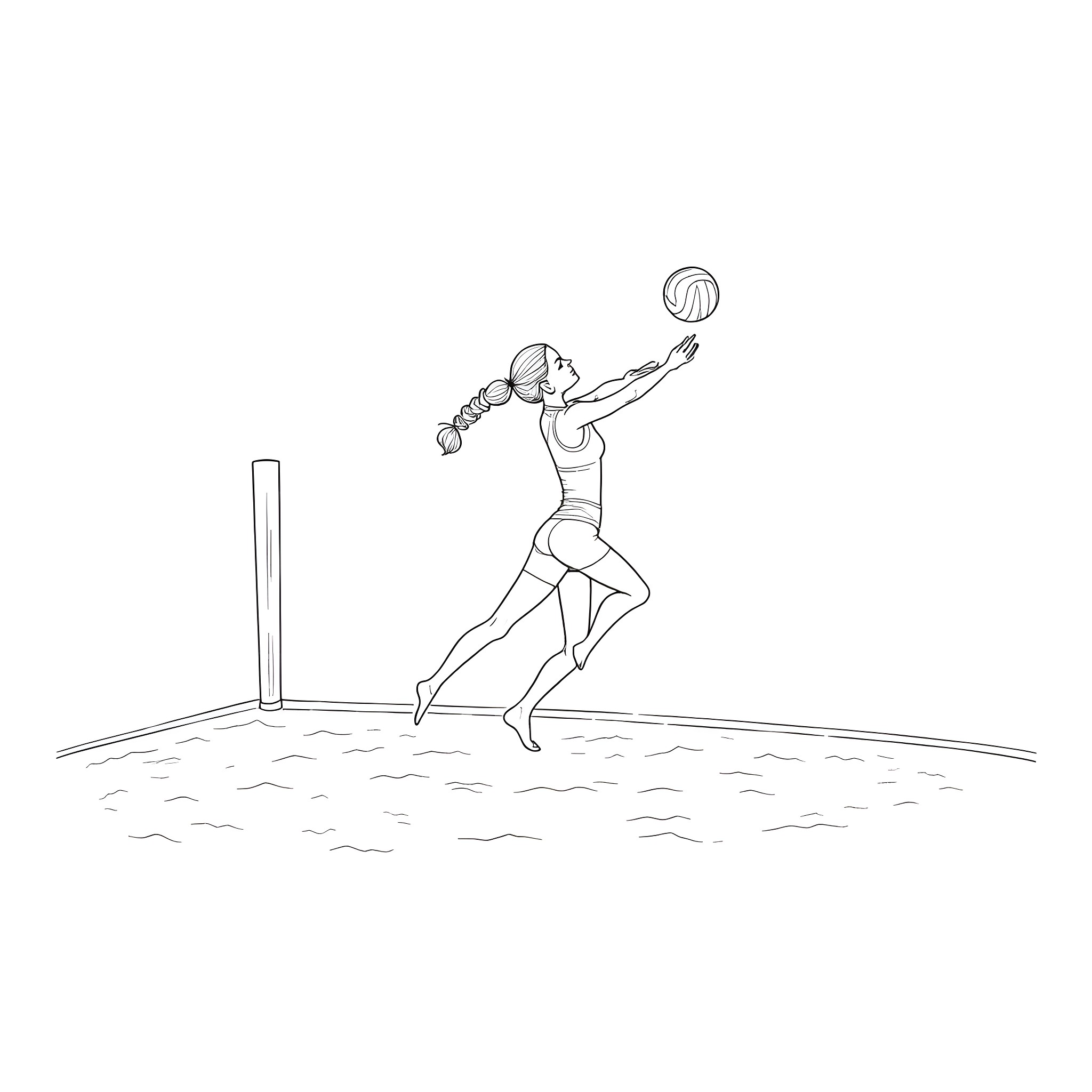 Woman playing volleyball on the beach Coloring Page (free black-and-white line drawing printable PDF for all, from beginners to advanced learners, including children, teens, adults, and seniors)