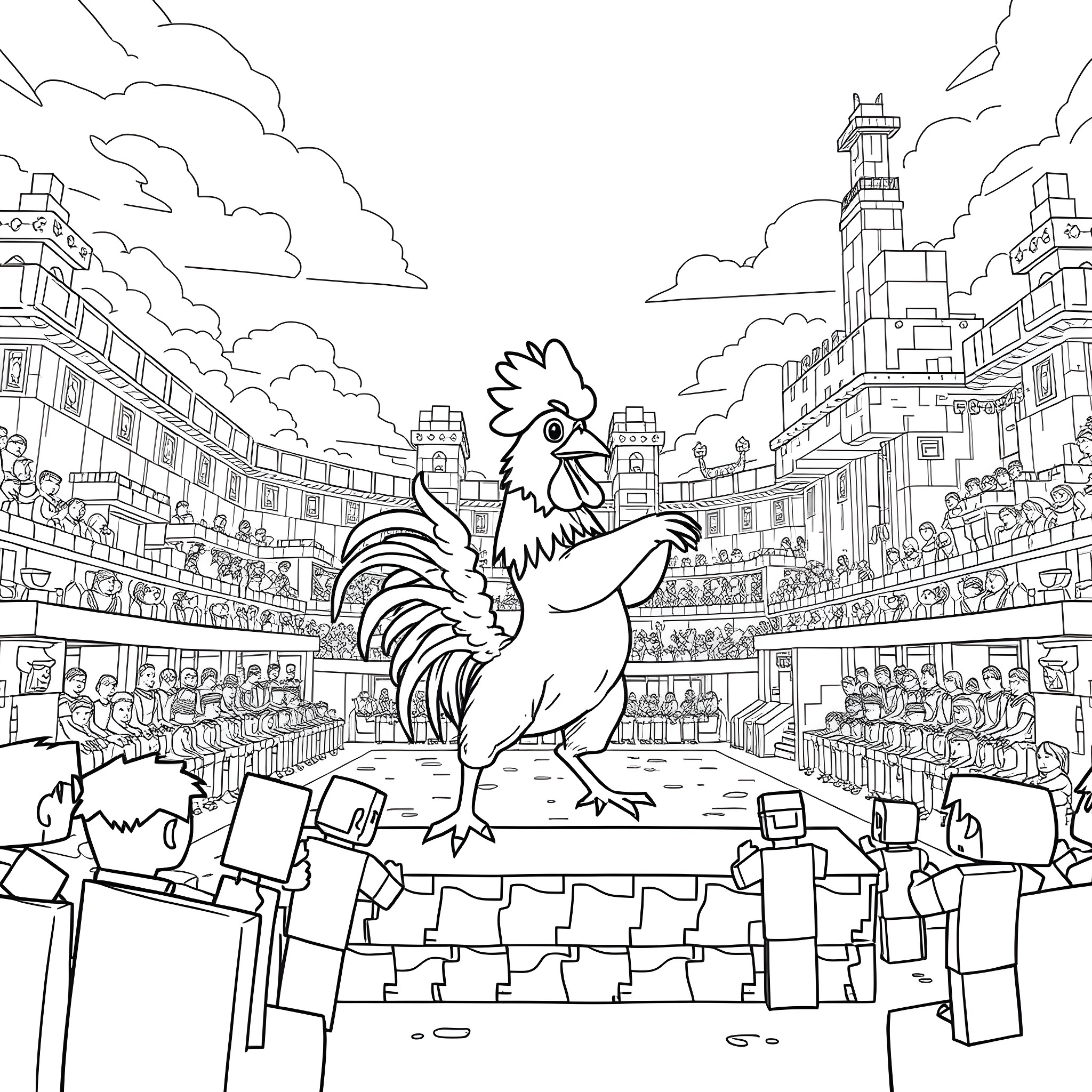 Chicken strutting proudly in a bustling stadium Coloring Page (free black-and-white line drawing printable PDF for all, from beginners to advanced learners, including children, teens, adults, and seniors)
