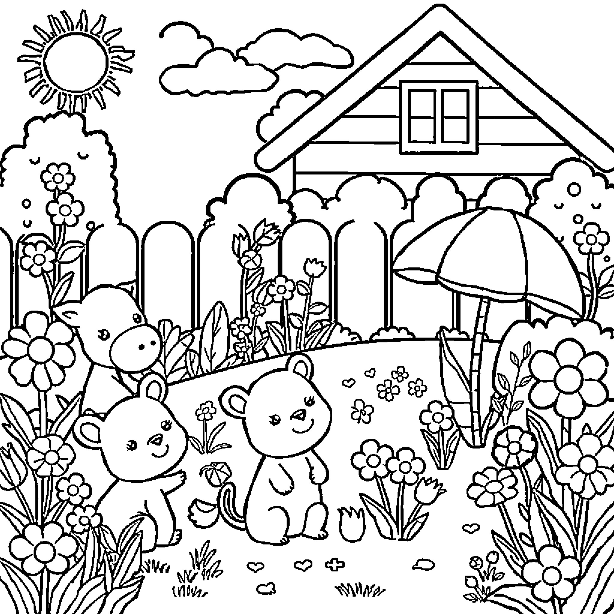 Animal friends in a garden landscape Coloring Page (free black-and-white line drawing printable PDF for all, from beginners to advanced learners, including children, teens, adults, and seniors)