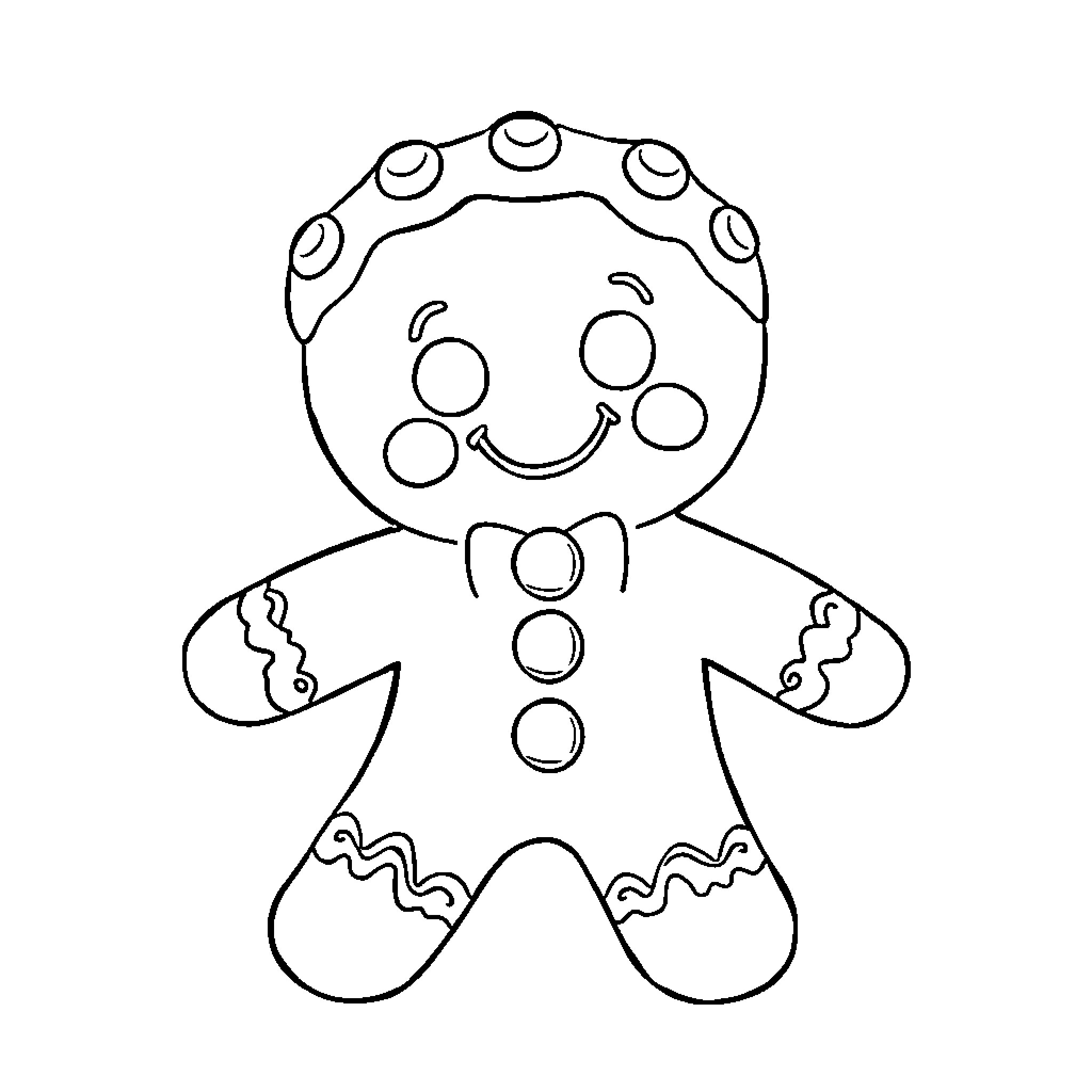 Gingerbread Man with a Cheerful Expression Coloring Page (free black-and-white line drawing printable PDF for all, from beginners to advanced learners, including children, teens, adults, and seniors)