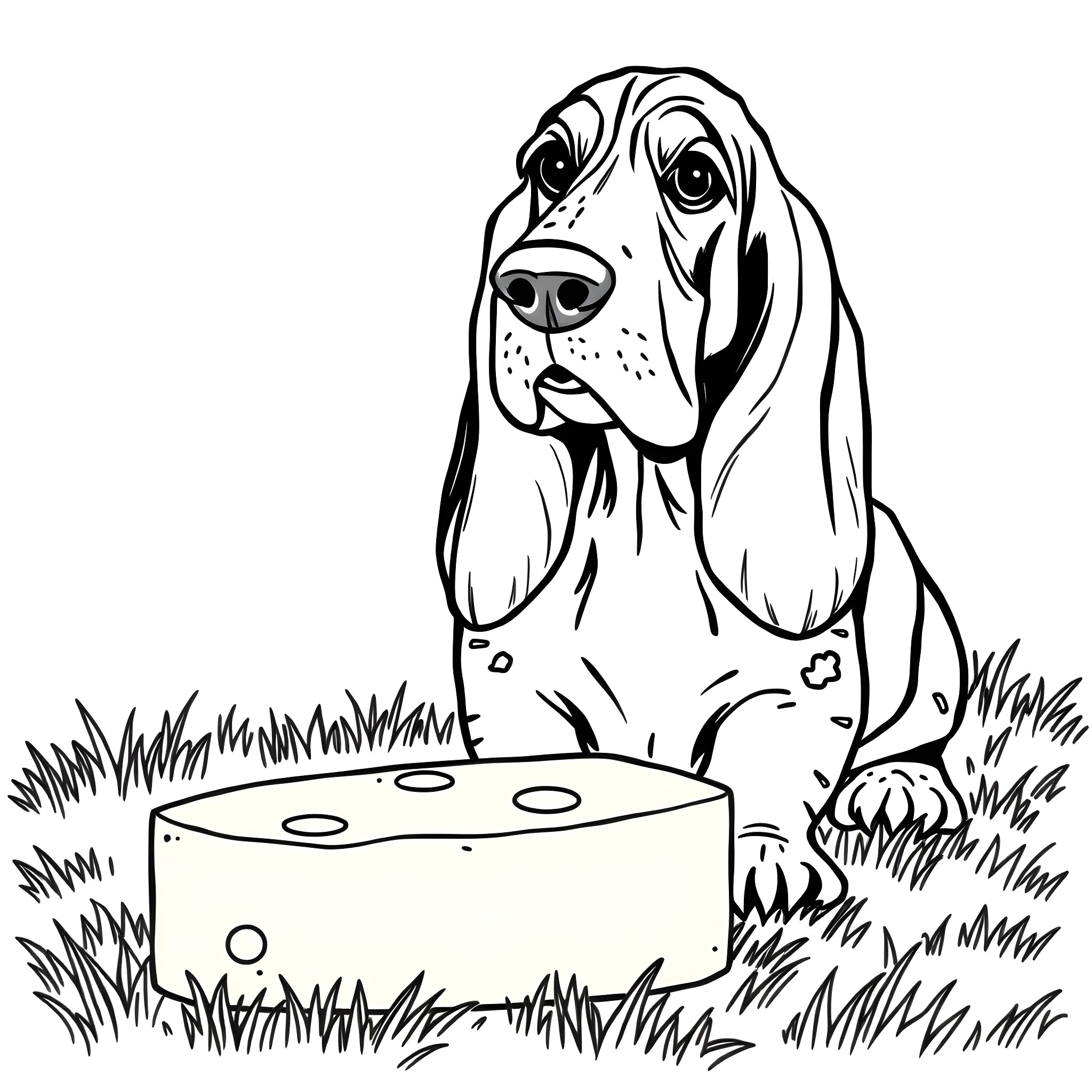 Basset Hound exploring a puzzle in the grass Coloring Page (free black-and-white line drawing printable PDF for all, from beginners to advanced learners, including children, teens, adults, and seniors)