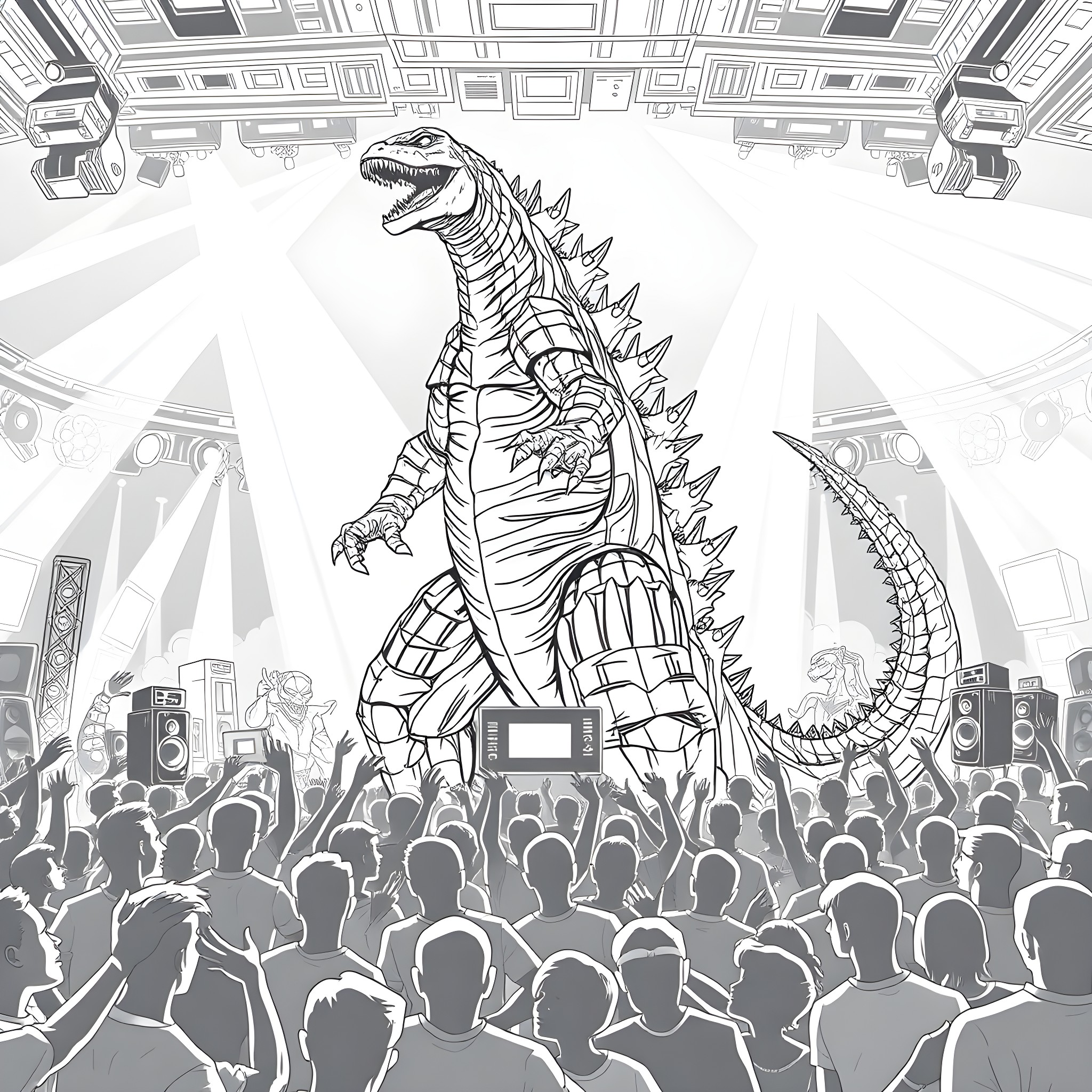 Godzilla performing live for the cheering crowd Coloring Page (free black-and-white line drawing printable PDF for all, from beginners to advanced learners, including children, teens, adults, and seniors)