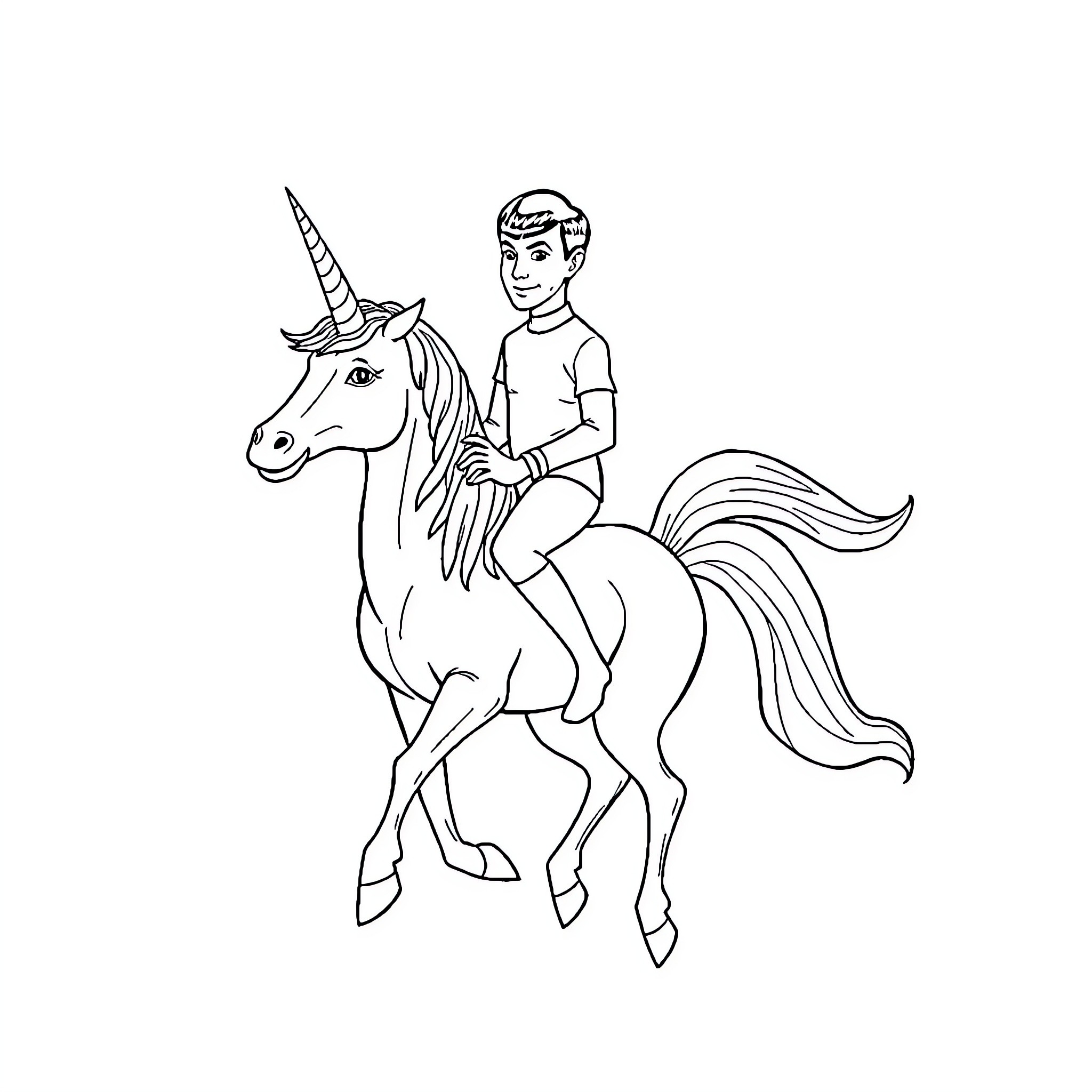 Spock riding a fantastical unicorn creature Coloring Page (free black-and-white line drawing printable PDF for all, from beginners to advanced learners, including children, teens, adults, and seniors)