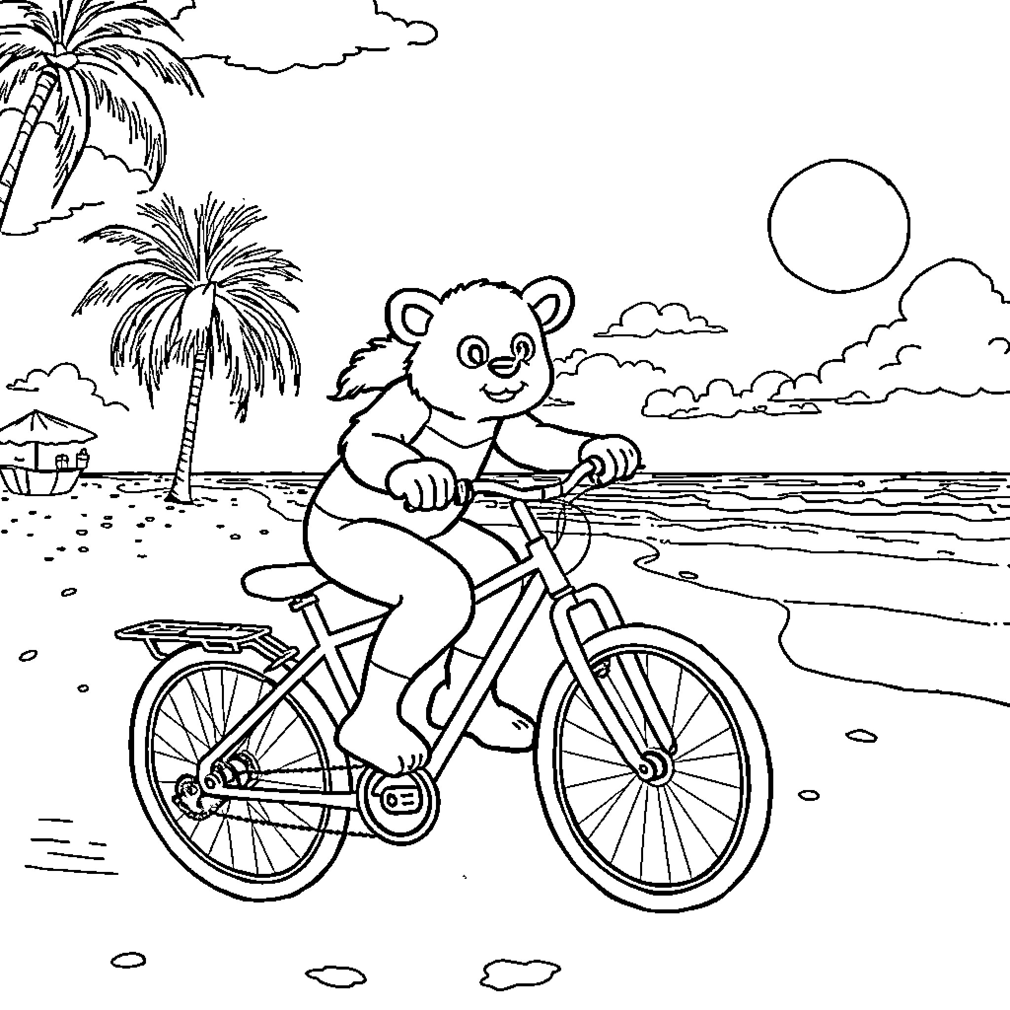Teddy Bear riding a bicycle on the beach Coloring Page (free black-and-white line drawing printable PDF for all, from beginners to advanced learners, including children, teens, adults, and seniors)