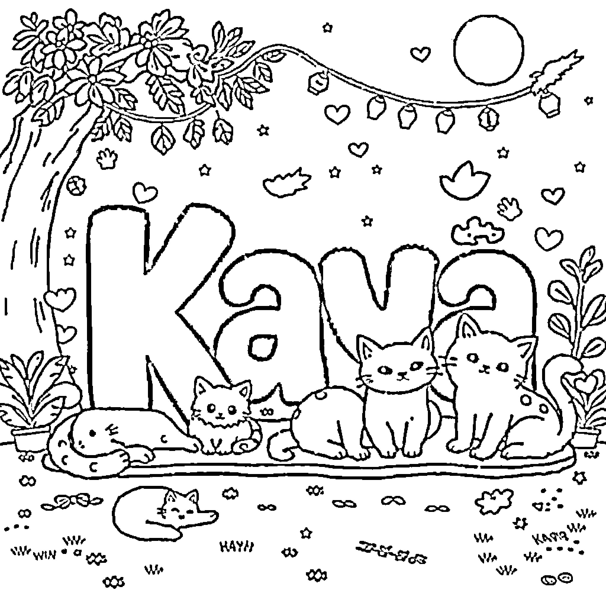 Kaya's Cheerful Kitties and Whimsical Floral Scene Coloring Page (free black-and-white line drawing printable PDF for all, from beginners to advanced learners, including children, teens, adults, and seniors)
