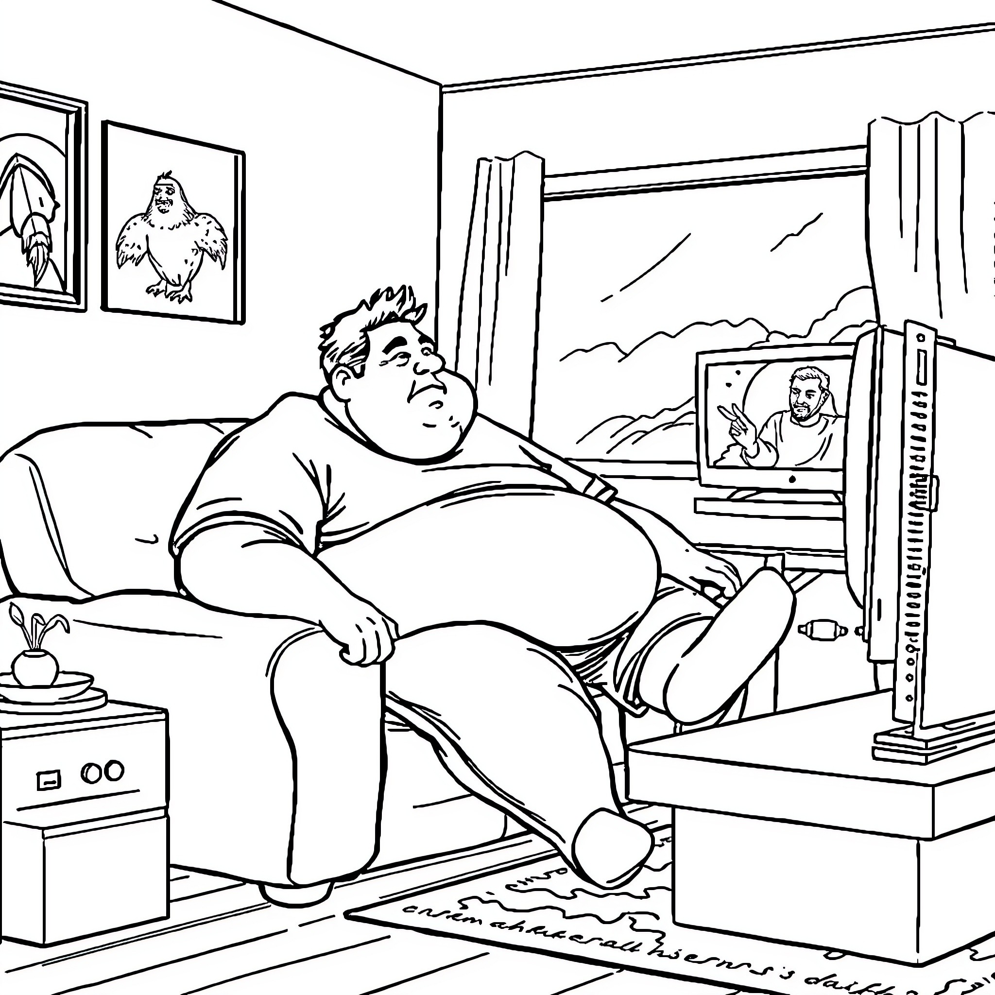 Guy relaxing on couch while watching TV Coloring Page (free black-and-white line drawing printable PDF for all, from beginners to advanced learners, including children, teens, adults, and seniors)