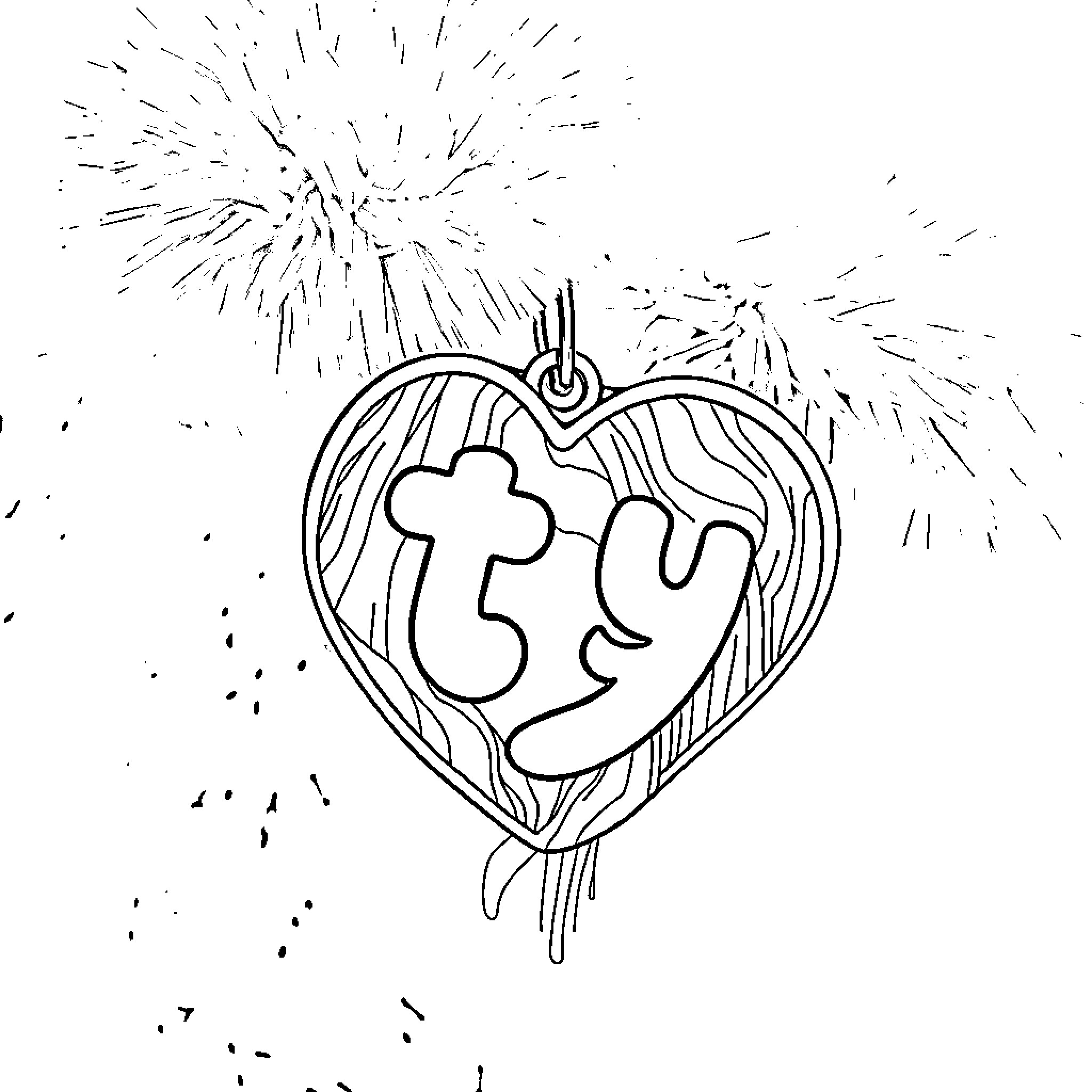 Beanie Baby heart pendant with fireworks background Coloring Page (free black-and-white line drawing printable PDF for all, from beginners to advanced learners, including children, teens, adults, and seniors)