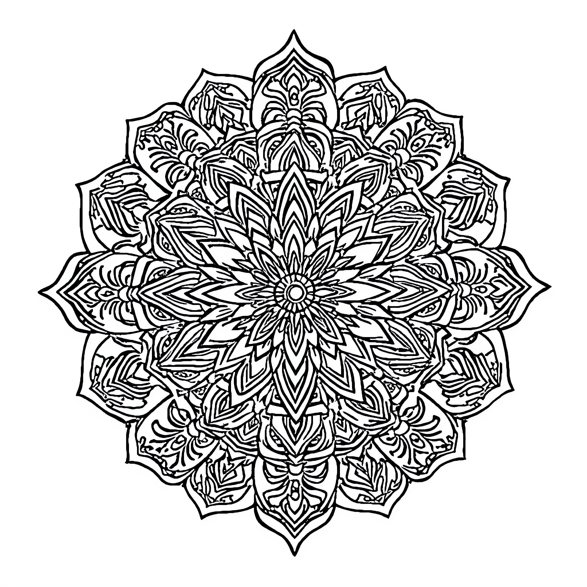 Mandala of intricate floral patterns Coloring Page (free black-and-white line drawing printable PDF for all, from beginners to advanced learners, including children, teens, adults, and seniors)