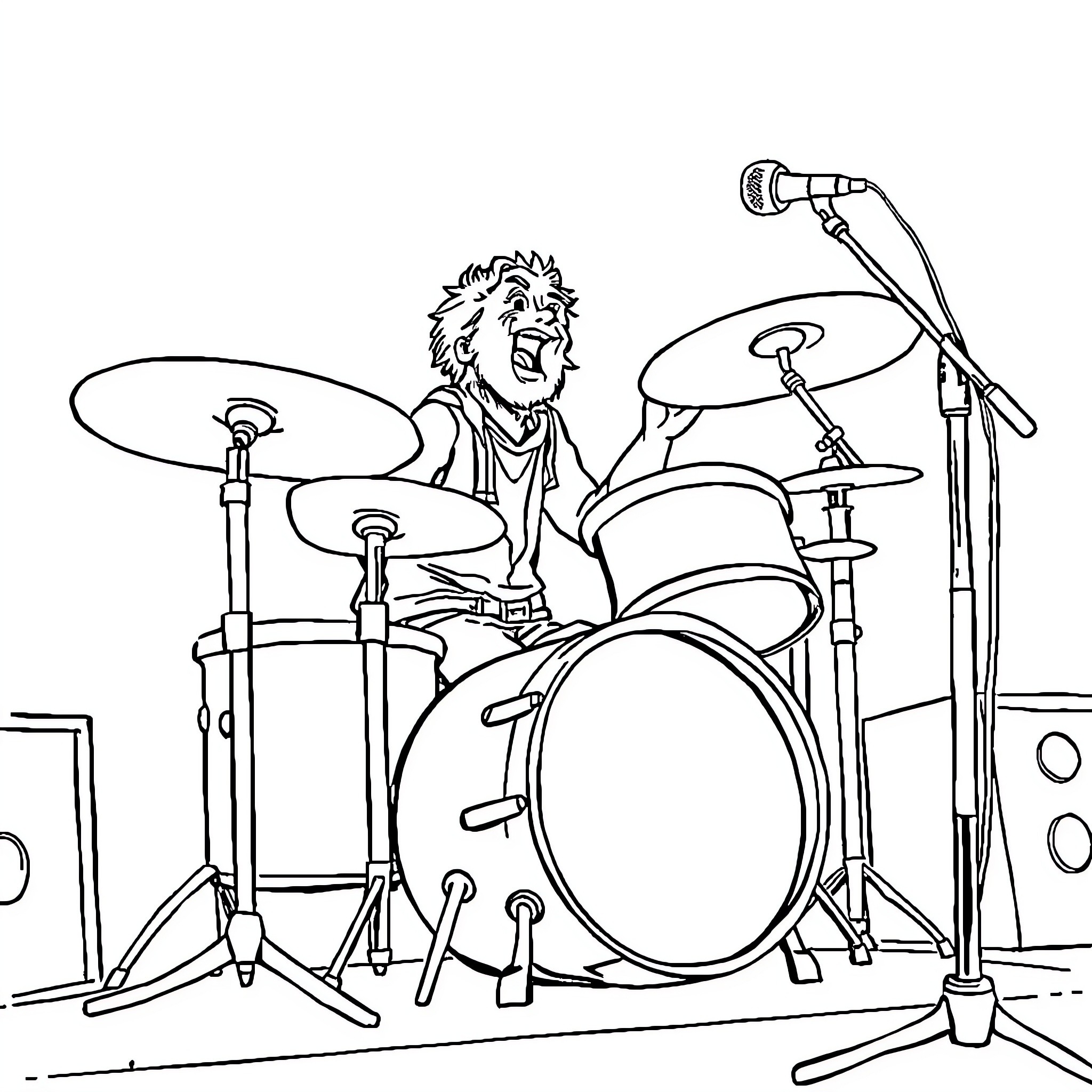 Drummer playing passionately on stage Coloring Page (free black-and-white line drawing printable PDF for all, from beginners to advanced learners, including children, teens, adults, and seniors)