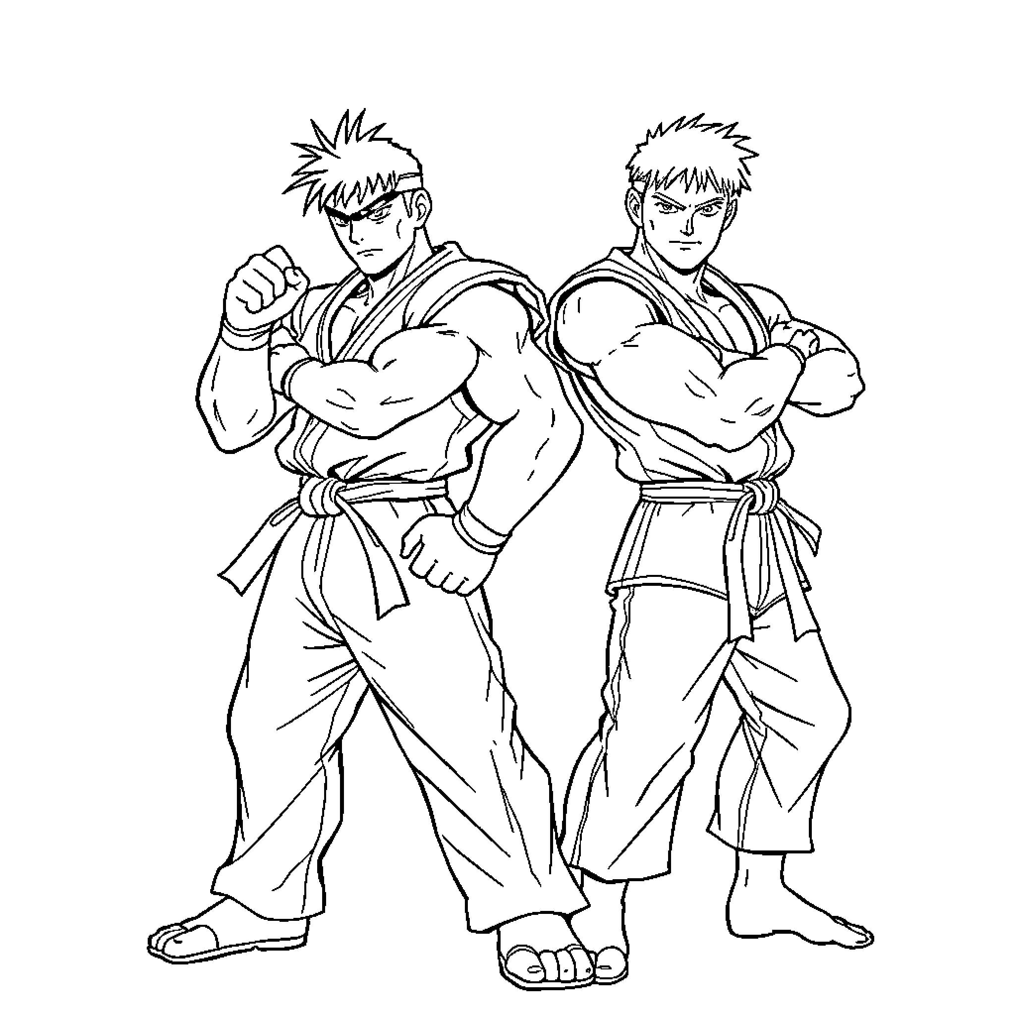 Ryu and Ken ready for fierce martial arts battle Coloring Page (free black-and-white line drawing printable PDF for all, from beginners to advanced learners, including children, teens, adults, and seniors)