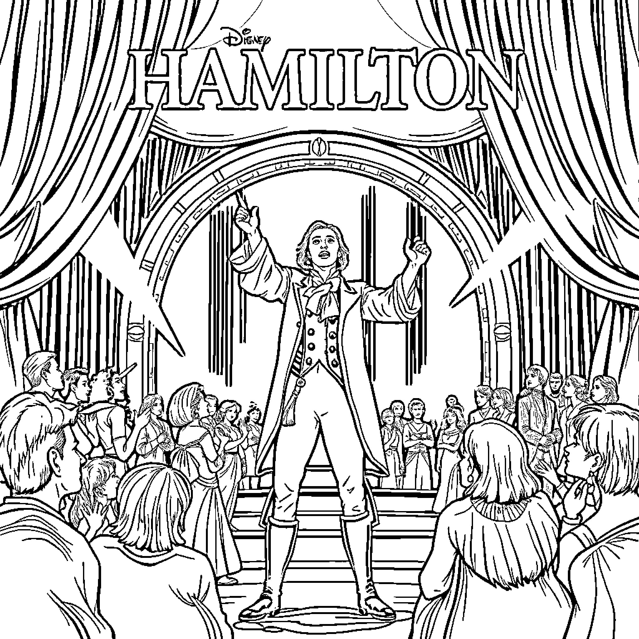 Hamilton Theatrical Performance Coloring Page (free black-and-white line drawing printable PDF for all, from beginners to advanced learners, including children, teens, adults, and seniors)