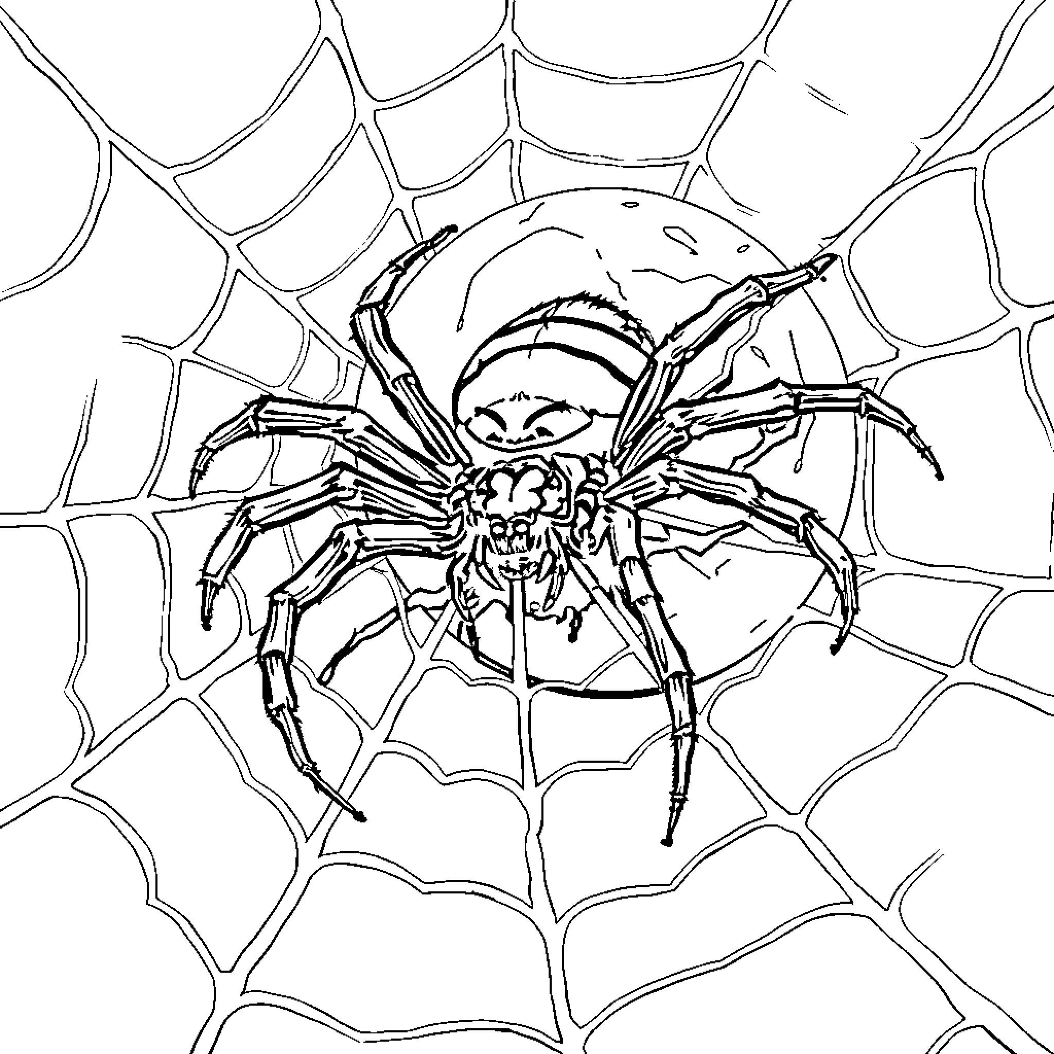Spider Lurking Menacingly in Web Coloring Page (free black-and-white line drawing printable PDF for all, from beginners to advanced learners, including children, teens, adults, and seniors)