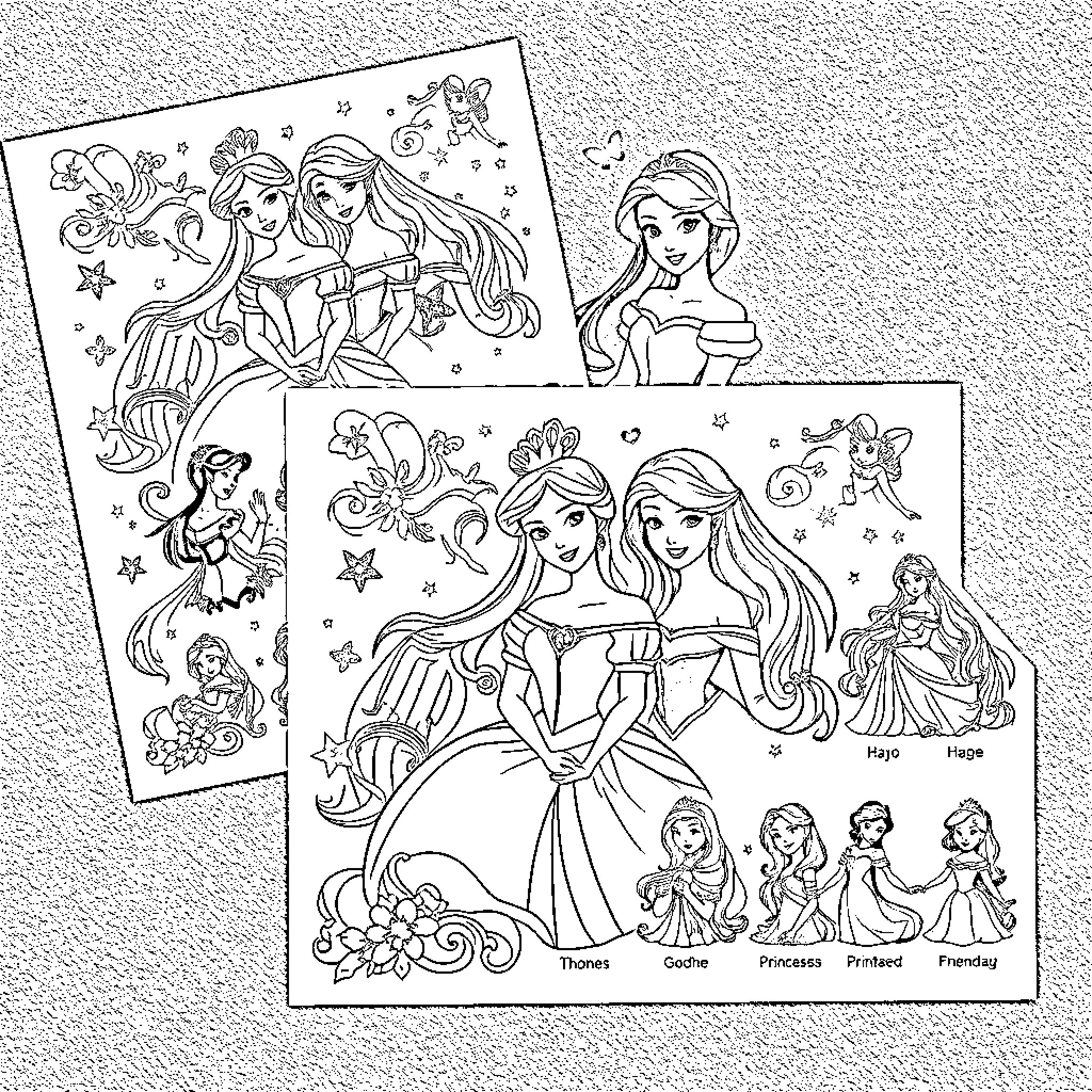 Disney Princess Coloring Pages with Elegant Dresses and Accessories Coloring Page (free black-and-white line drawing printable PDF for all, from beginners to advanced learners, including children, teens, adults, and seniors)