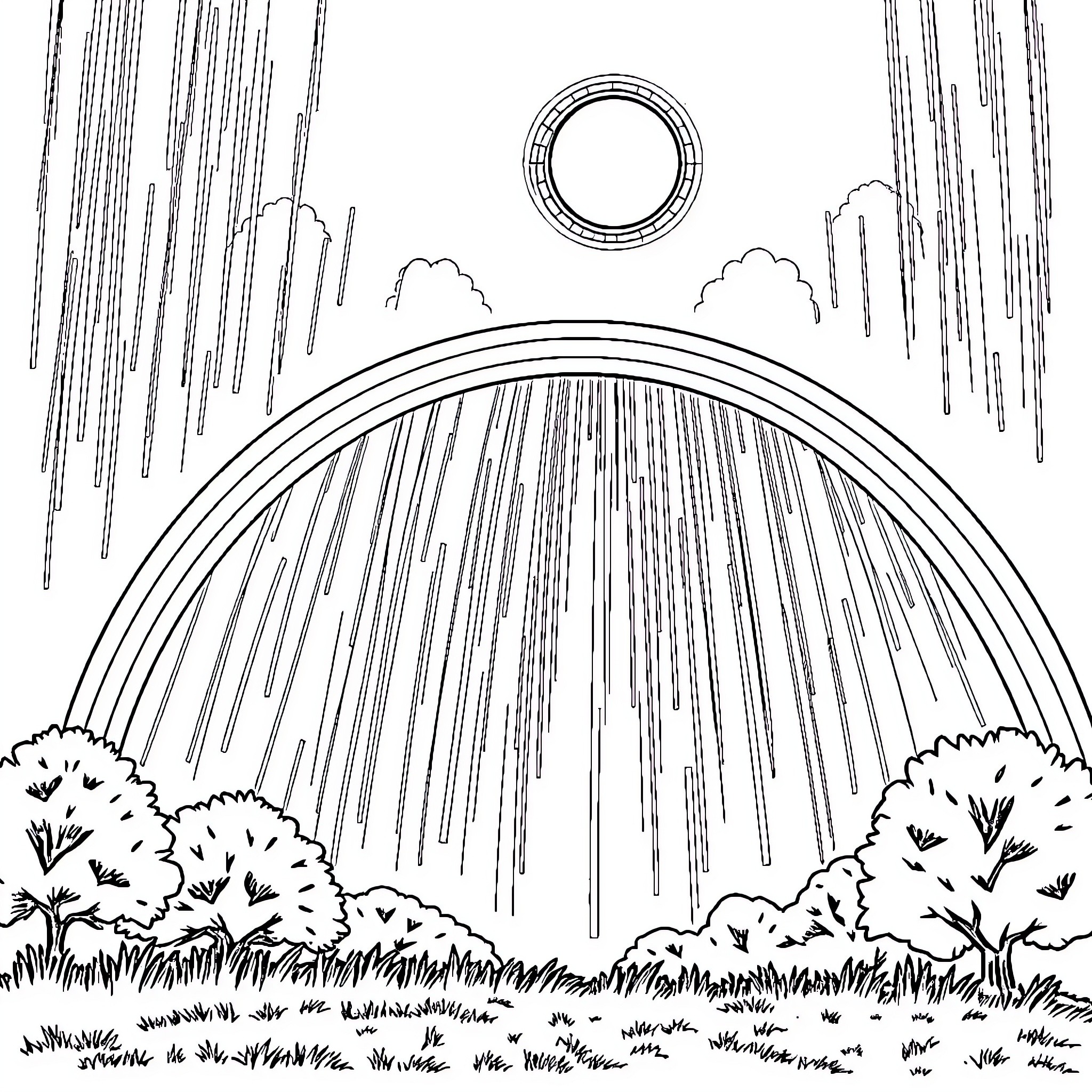 Rainbow Nature Landscape Outline Coloring Page (free black-and-white line drawing printable PDF for all, from beginners to advanced learners, including children, teens, adults, and seniors)