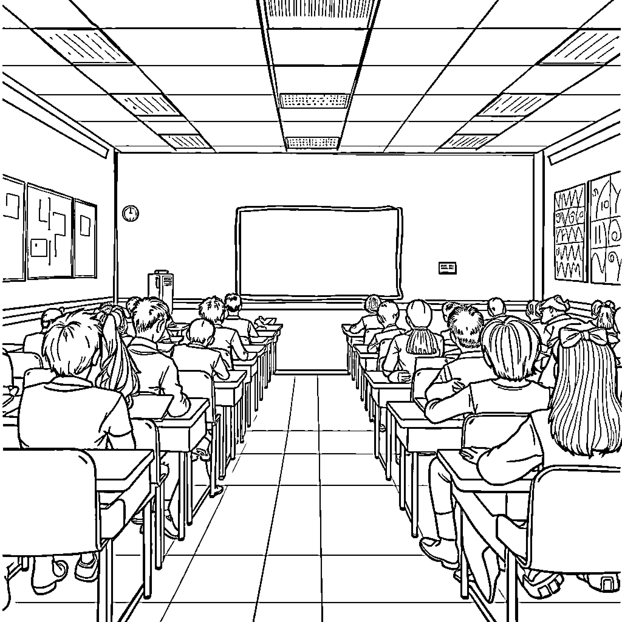 Clase de estudiantes en un aula académica Coloring Page (free black-and-white line drawing printable PDF for all, from beginners to advanced learners, including children, teens, adults, and seniors)