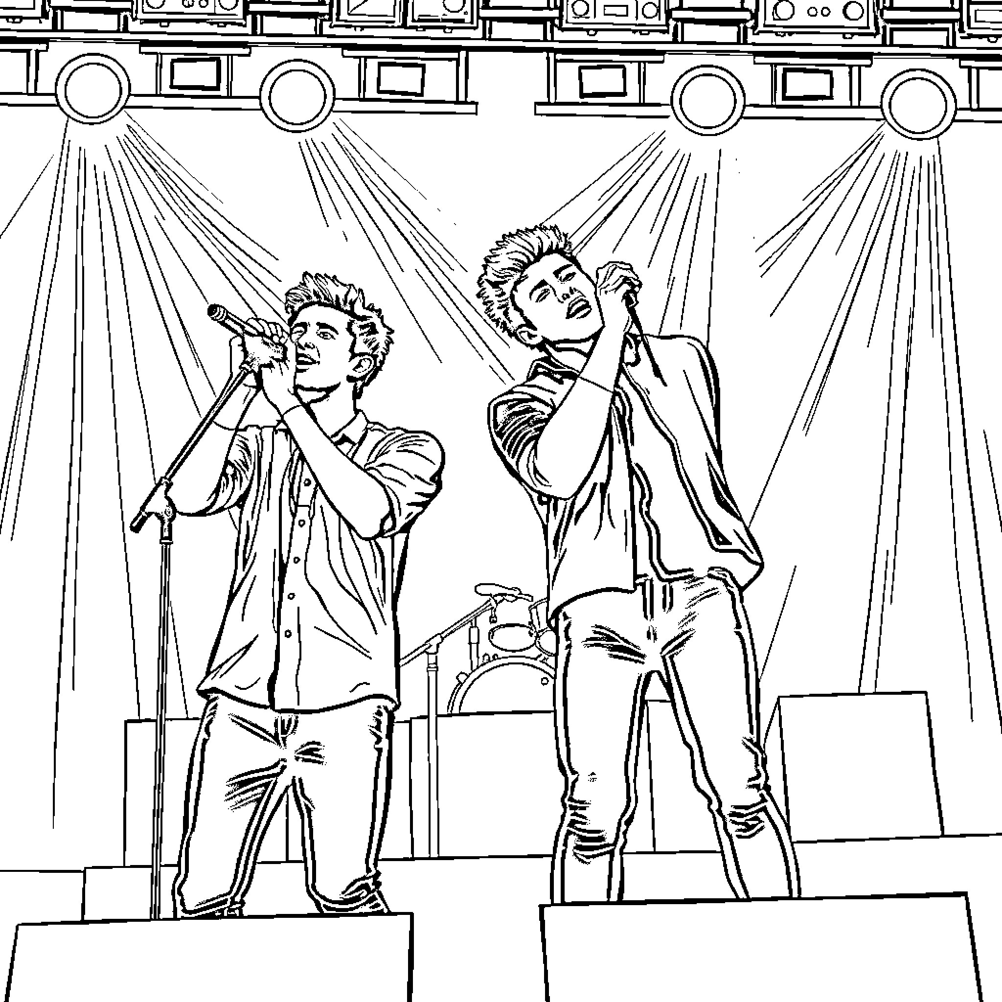 Jonas Brothers Performing on Stage Coloring Page (free black-and-white line drawing printable PDF for all, from beginners to advanced learners, including children, teens, adults, and seniors)