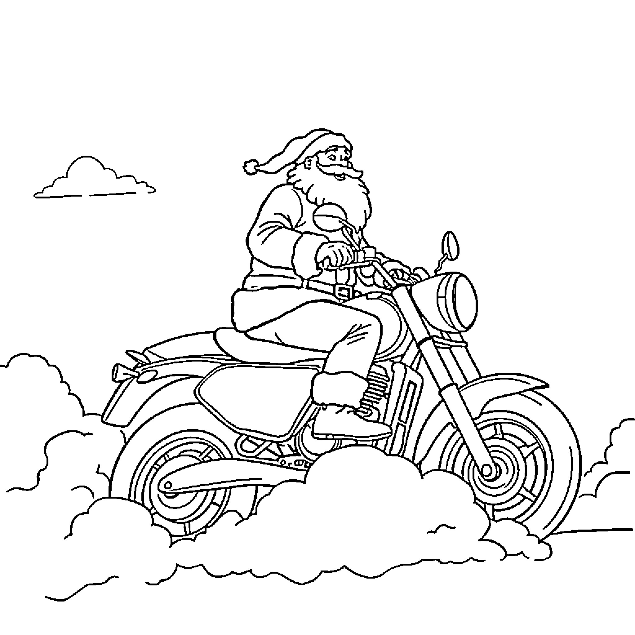 Santa riding a motorcycle through the clouds Coloring Page (free black-and-white line drawing printable PDF for all, from beginners to advanced learners, including children, teens, adults, and seniors)