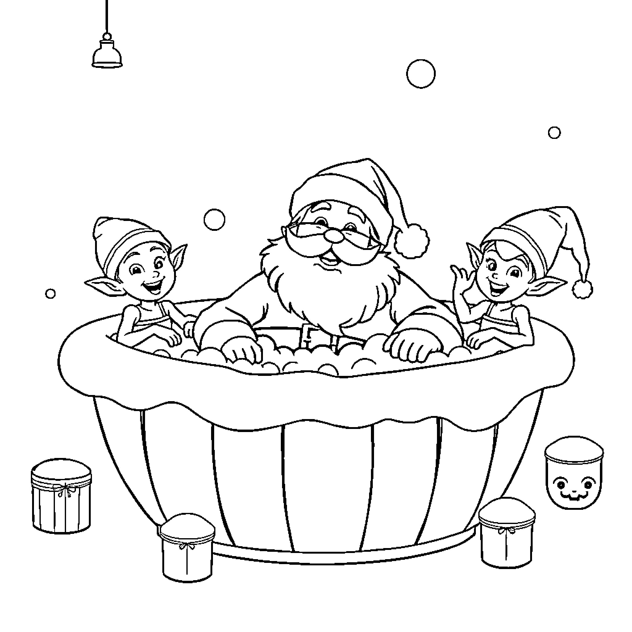 Santa and Elves Happily Playing in Festive Bath Coloring Page (free black-and-white line drawing printable PDF for all, from beginners to advanced learners, including children, teens, adults, and seniors)
