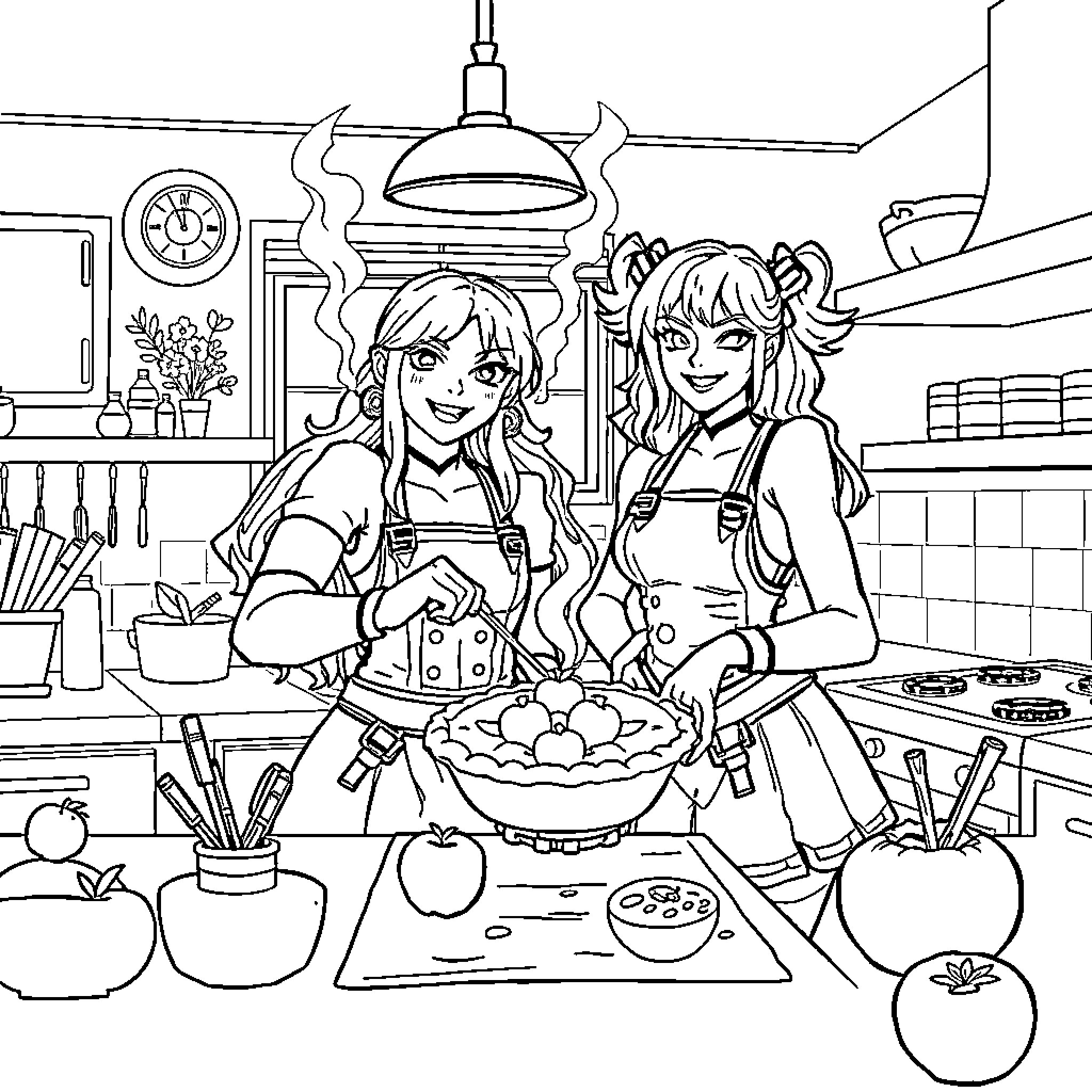 K Pop Warrior Chefs Preparing Delicious Meal in Kitchen Coloring Page (free black-and-white line drawing printable PDF for all, from beginners to advanced learners, including children, teens, adults, and seniors)