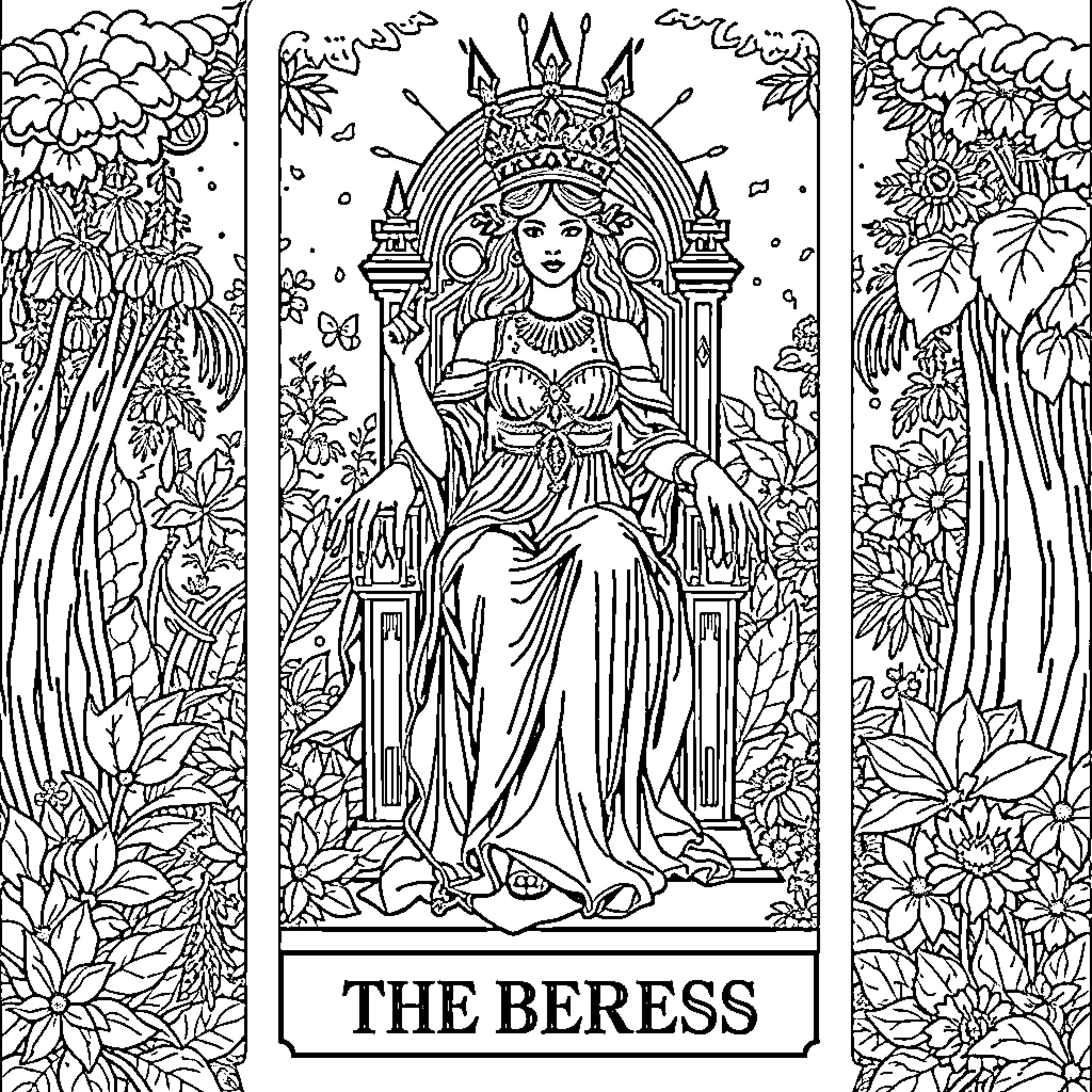 Empress in a Lush Floral Sanctuary Coloring Page (free black-and-white line drawing printable PDF for all, from beginners to advanced learners, including children, teens, adults, and seniors)