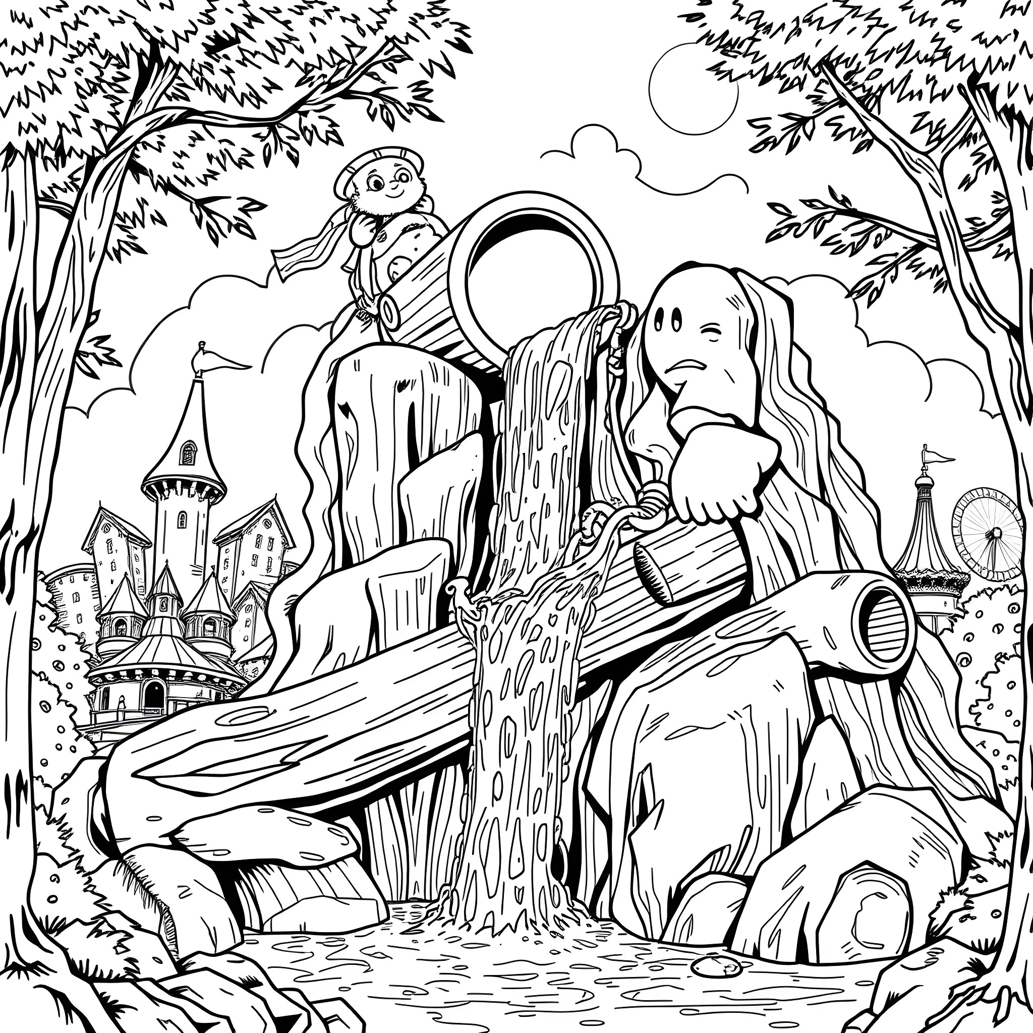 Log Flume Ride with Whimsical Characters and Fantastical Scenery Coloring Page (free black-and-white line drawing printable PDF for all, from beginners to advanced learners, including children, teens, adults, and seniors)