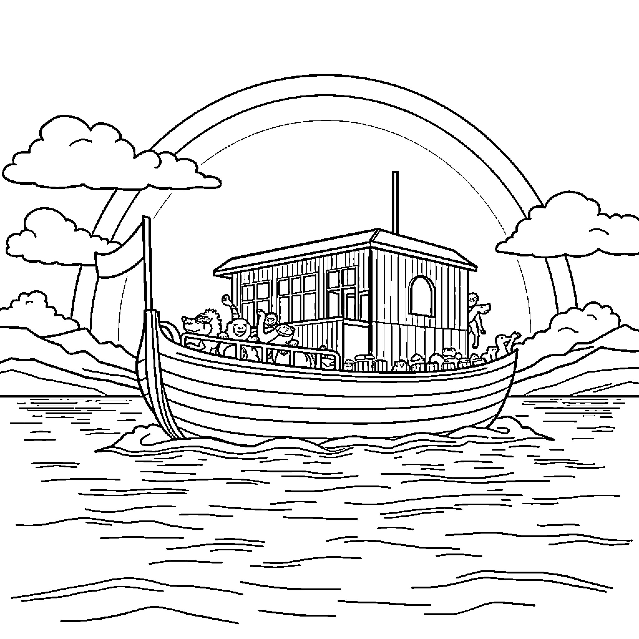 Noah's Ark Floating on the Stormy Sea Coloring Page (free black-and-white line drawing printable PDF for all, from beginners to advanced learners, including children, teens, adults, and seniors)