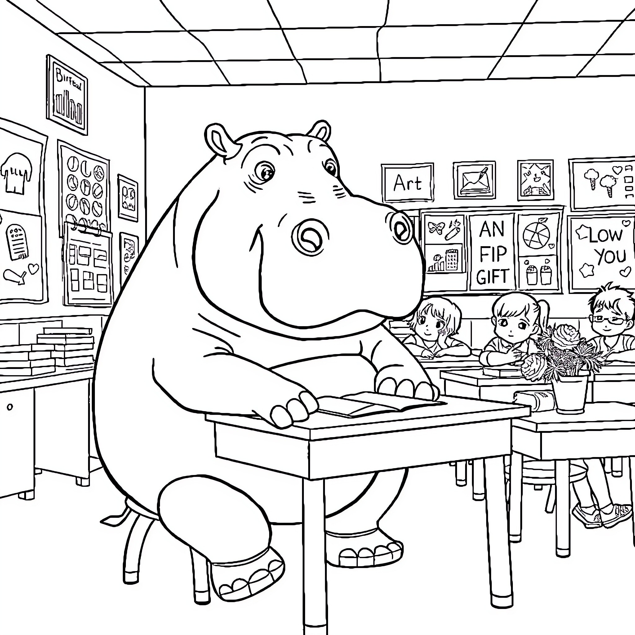 Hippo visiting a classroom with students Coloring Page (free black-and-white line drawing printable PDF for all, from beginners to advanced learners, including children, teens, adults, and seniors)