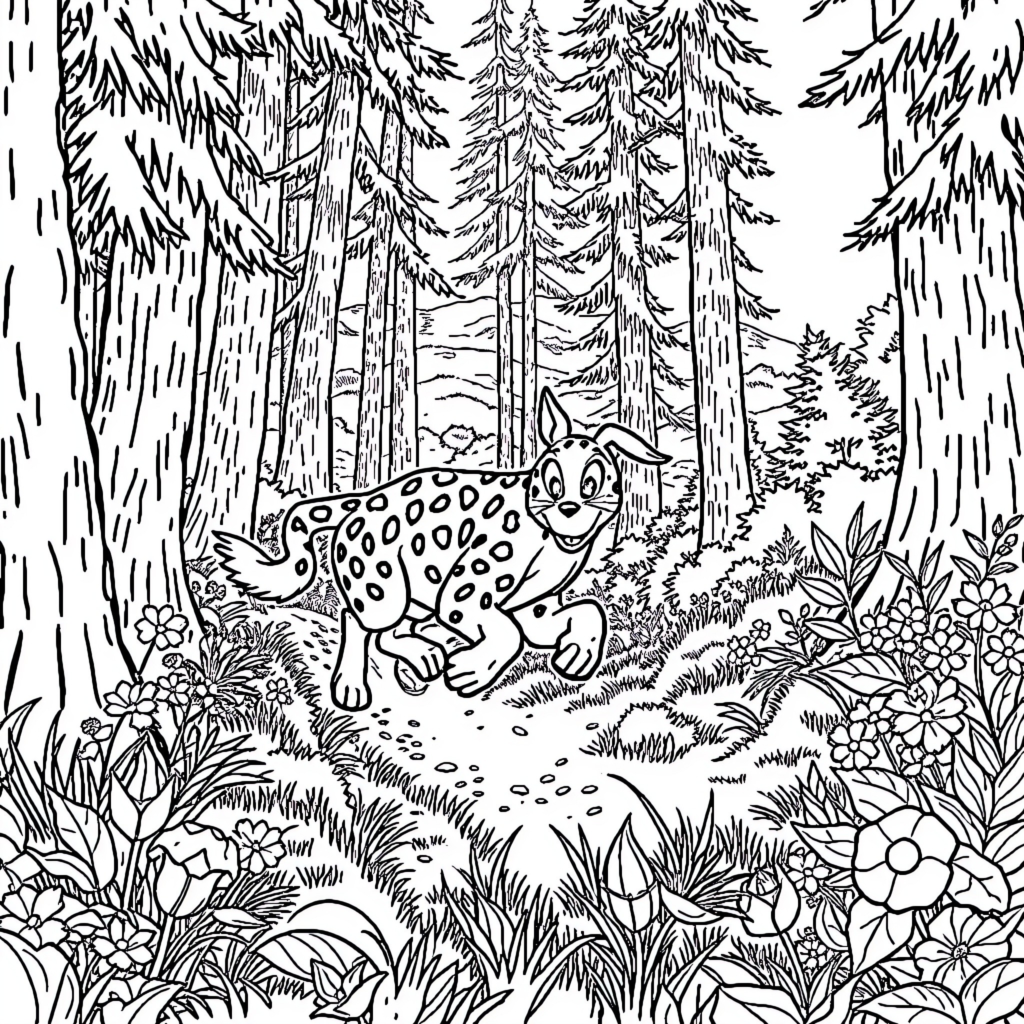 Sandrela's Enchanted Forest Adventure Coloring Page (free black-and-white line drawing printable PDF for all, from beginners to advanced learners, including children, teens, adults, and seniors)