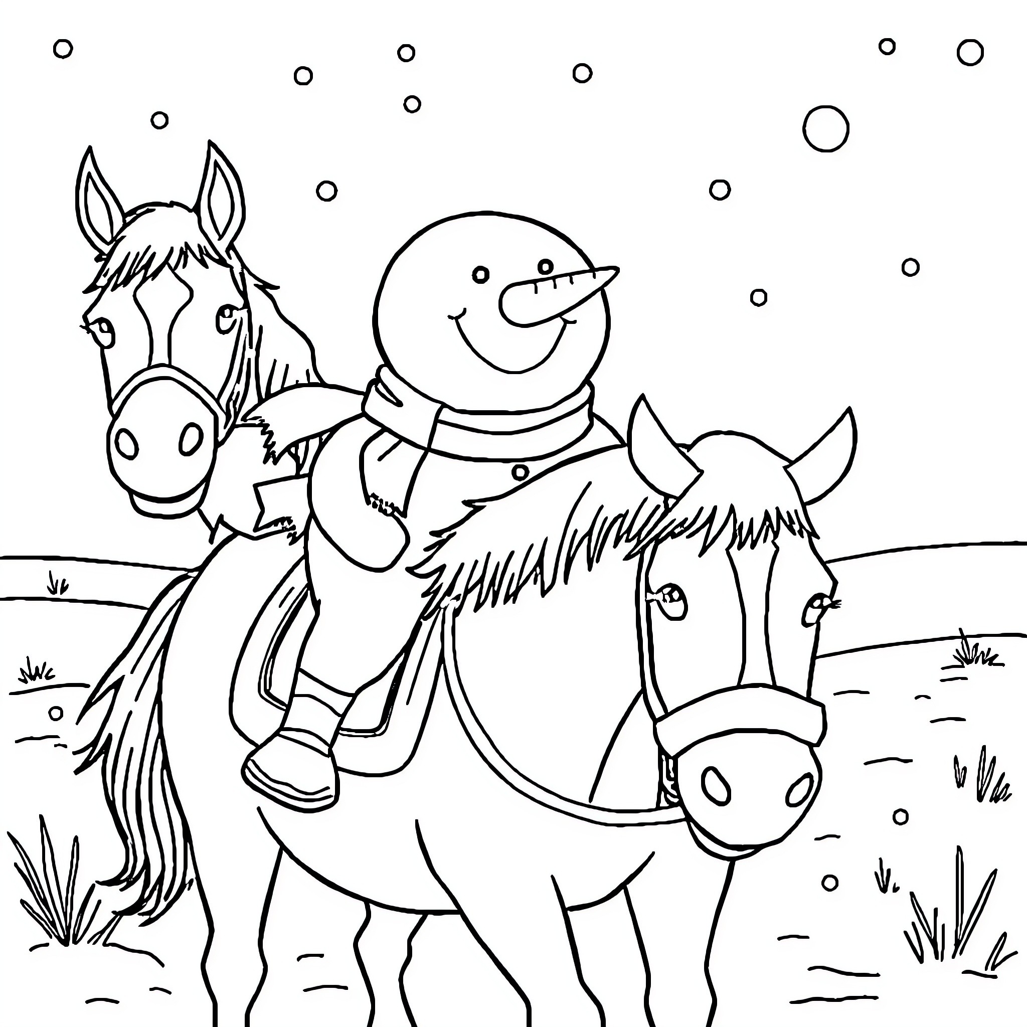 Snowman riding a horse in a snowy landscape Coloring Page (free black-and-white line drawing printable PDF for all, from beginners to advanced learners, including children, teens, adults, and seniors)