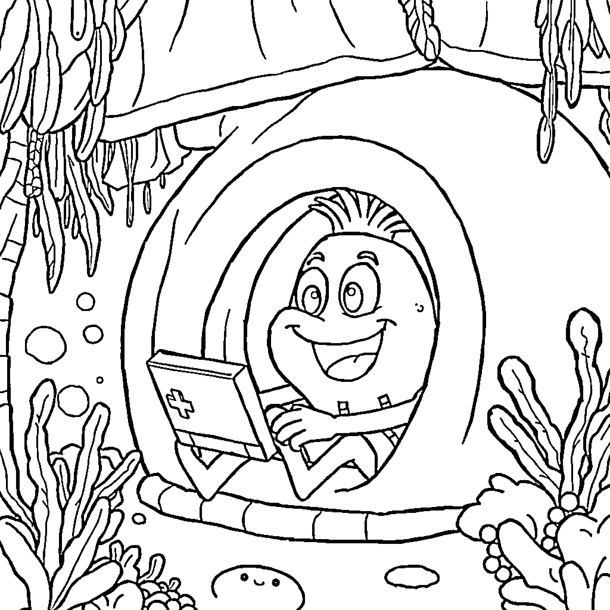 Bob esponja reading a book happily underwater Coloring Page (free black-and-white line drawing printable PDF for all, from beginners to advanced learners, including children, teens, adults, and seniors)