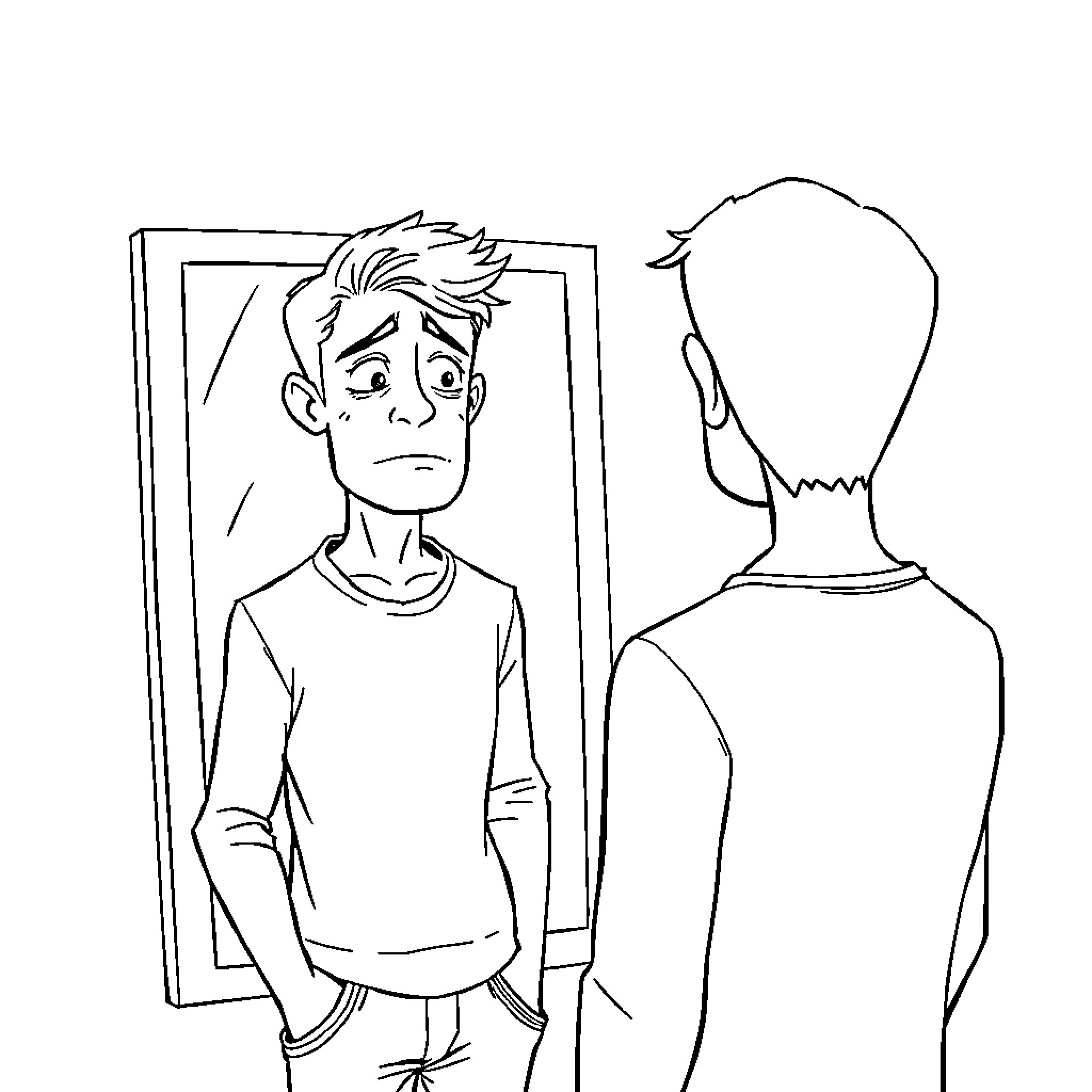 Guy looking at himself in a mirror with concern Coloring Page (free black-and-white line drawing printable PDF for all, from beginners to advanced learners, including children, teens, adults, and seniors)