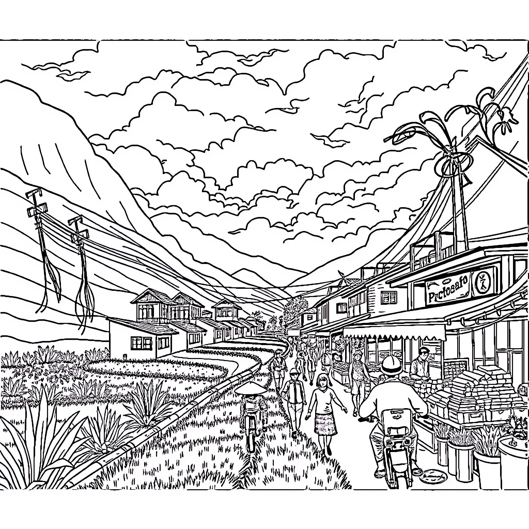 Vietnam village bustling with lively market and scenic landscape Coloring Page (free black-and-white line drawing printable PDF for all, from beginners to advanced learners, including children, teens, adults, and seniors)