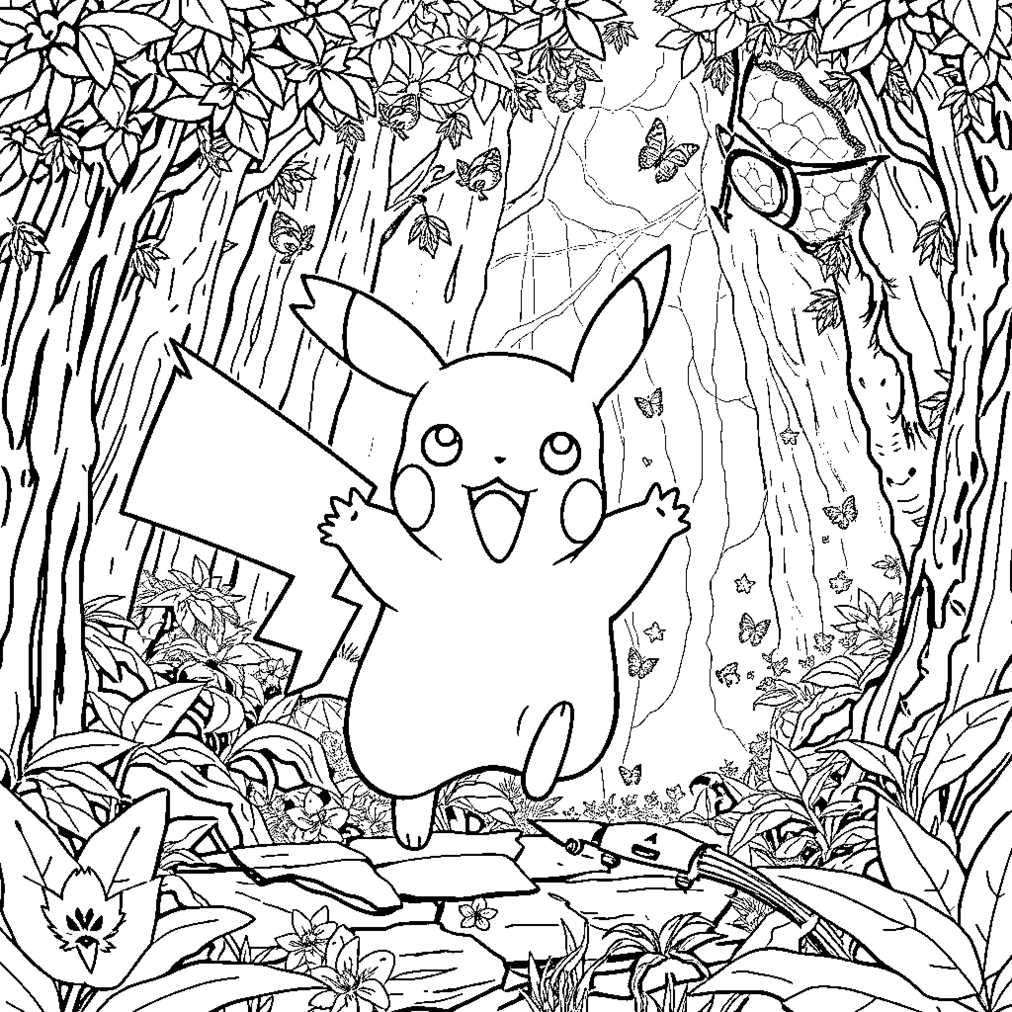 Pikachu exploring the enchanted forest Coloring Page (free black-and-white line drawing printable PDF for all, from beginners to advanced learners, including children, teens, adults, and seniors)