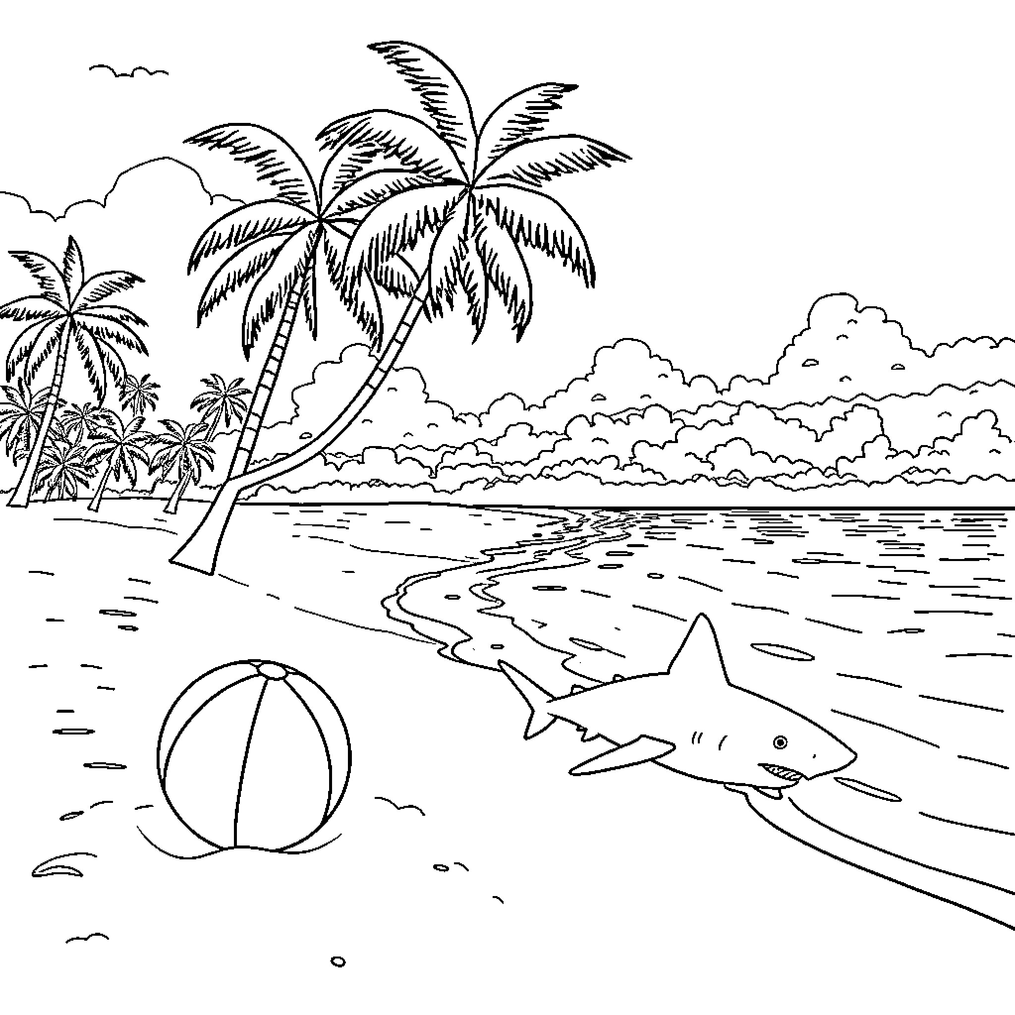 Beach scene with palm trees and a shark Coloring Page (free black-and-white line drawing printable PDF for all, from beginners to advanced learners, including children, teens, adults, and seniors)