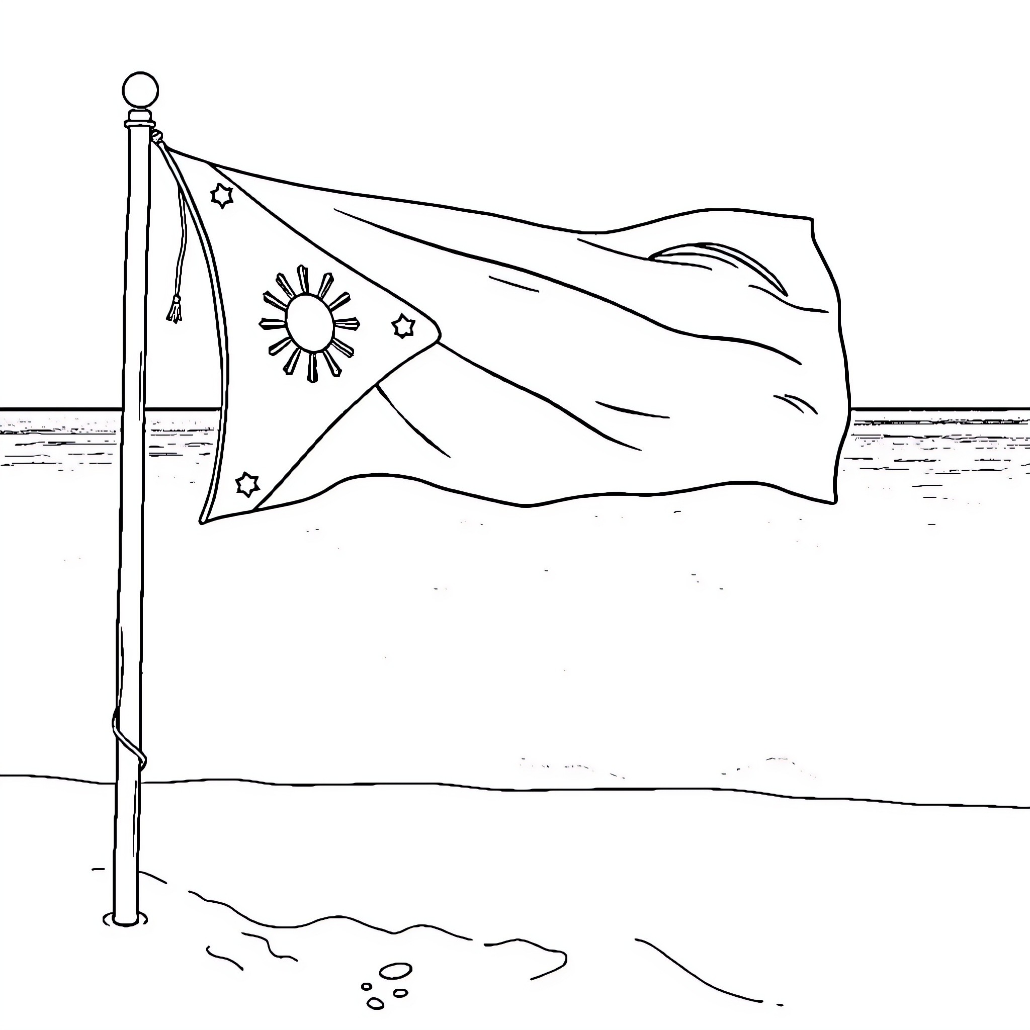 Flag waving vibrantly in the coastal breeze Coloring Page (free black-and-white line drawing printable PDF for all, from beginners to advanced learners, including children, teens, adults, and seniors)