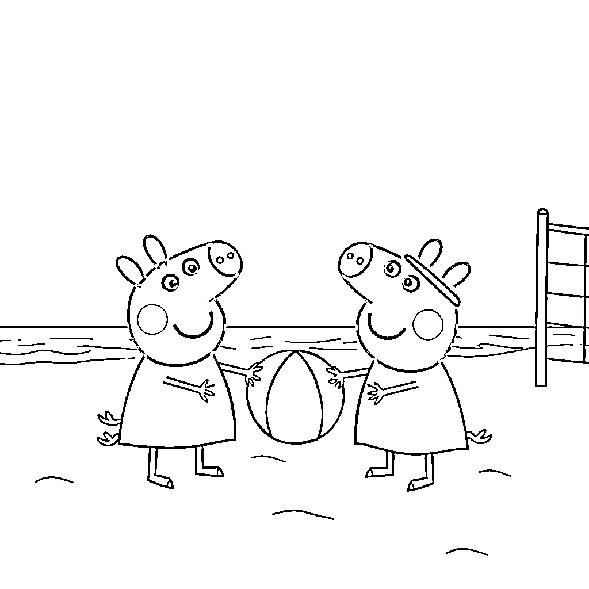 Peppa Pig and friends playing at the beach Coloring Page (free black-and-white line drawing printable PDF for all, from beginners to advanced learners, including children, teens, adults, and seniors)
