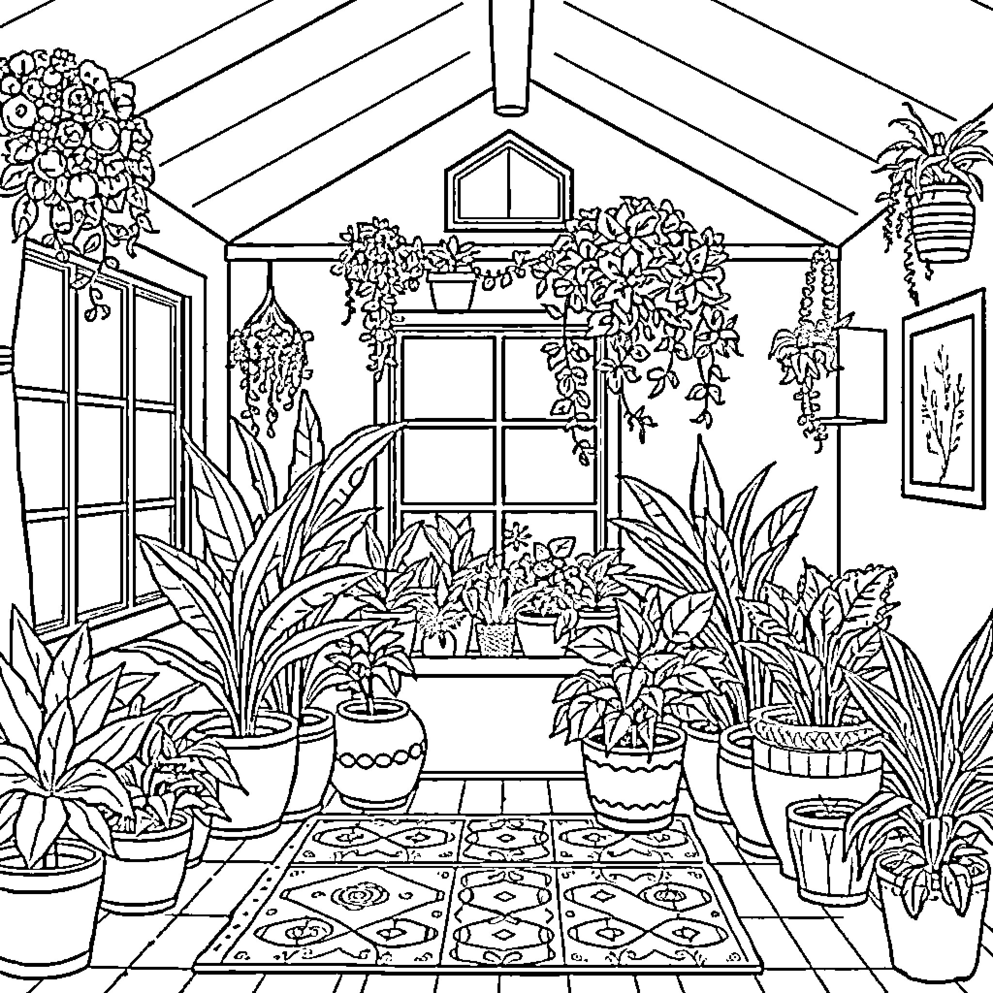 House Plant Sanctuary with Lush Greenery Coloring Page (free black-and-white line drawing printable PDF for all, from beginners to advanced learners, including children, teens, adults, and seniors)