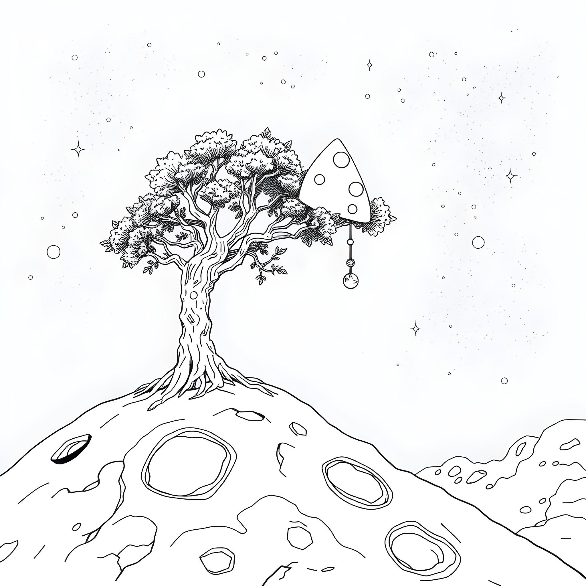 Tree growing on a fantastical planetary landscape Coloring Page (free black-and-white line drawing printable PDF for all, from beginners to advanced learners, including children, teens, adults, and seniors)