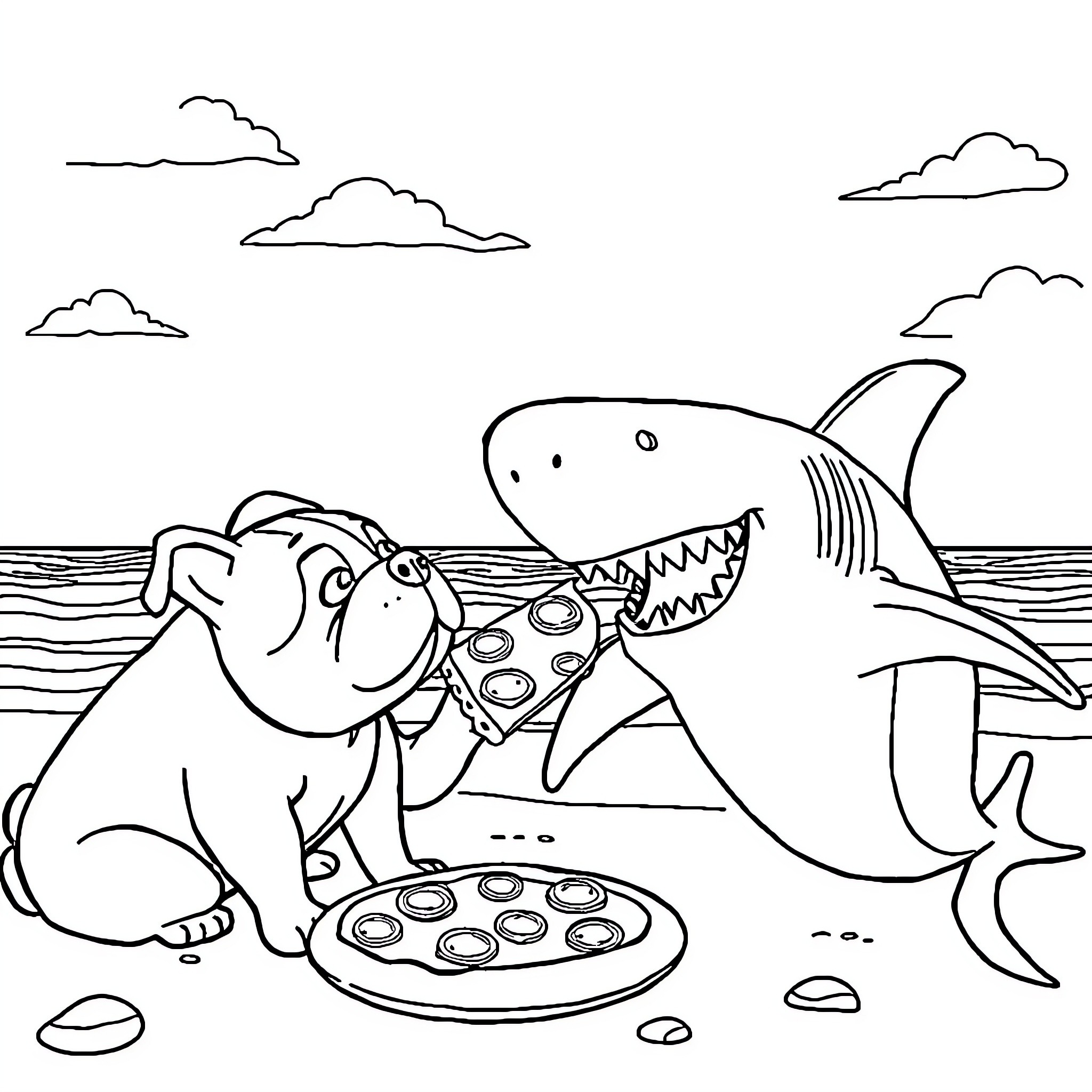 Bulldog enjoying pizza with friendly shark Coloring Page (free black-and-white line drawing printable PDF for all, from beginners to advanced learners, including children, teens, adults, and seniors)