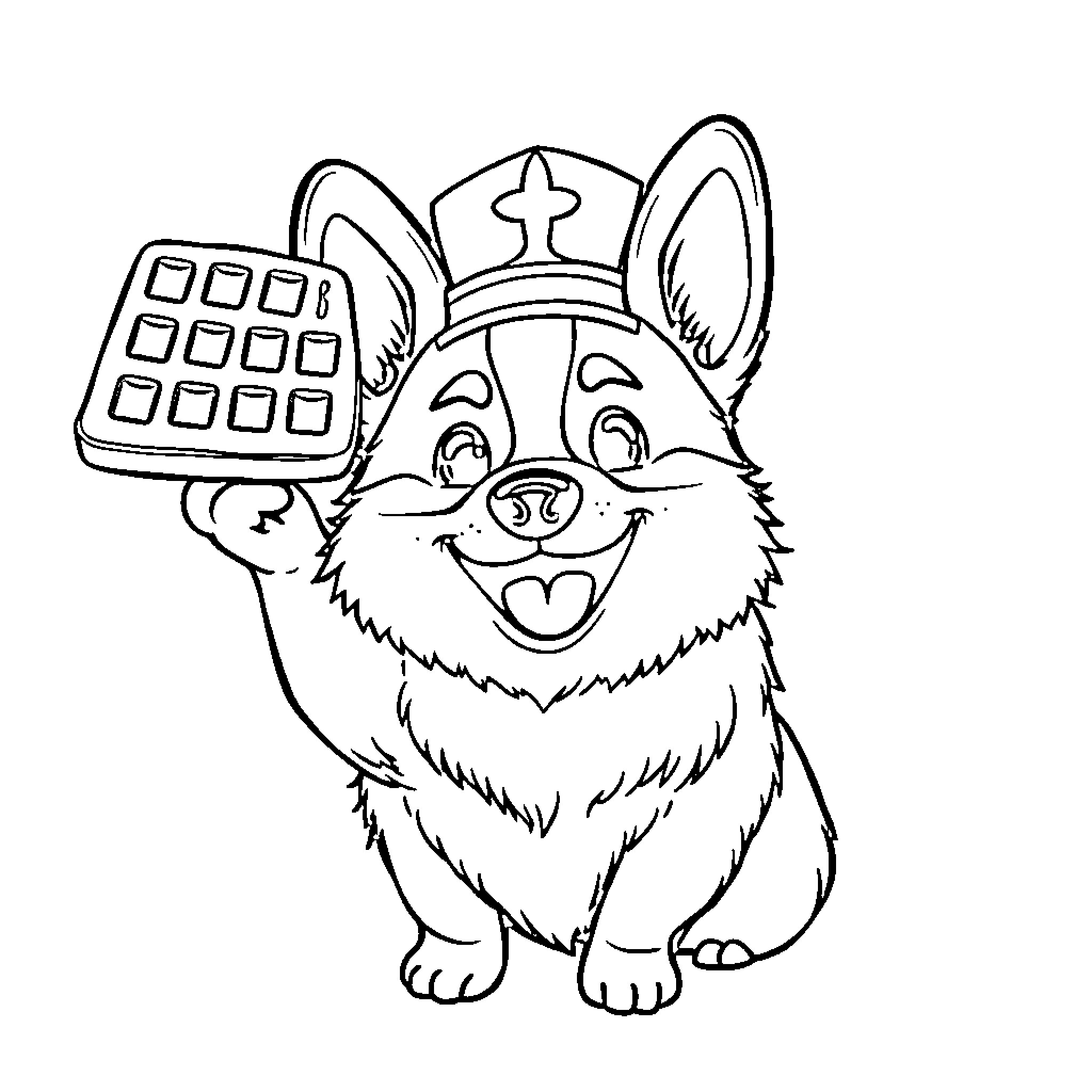 Corgi wearing a crown playing with calculator Coloring Page (free black-and-white line drawing printable PDF for all, from beginners to advanced learners, including children, teens, adults, and seniors)