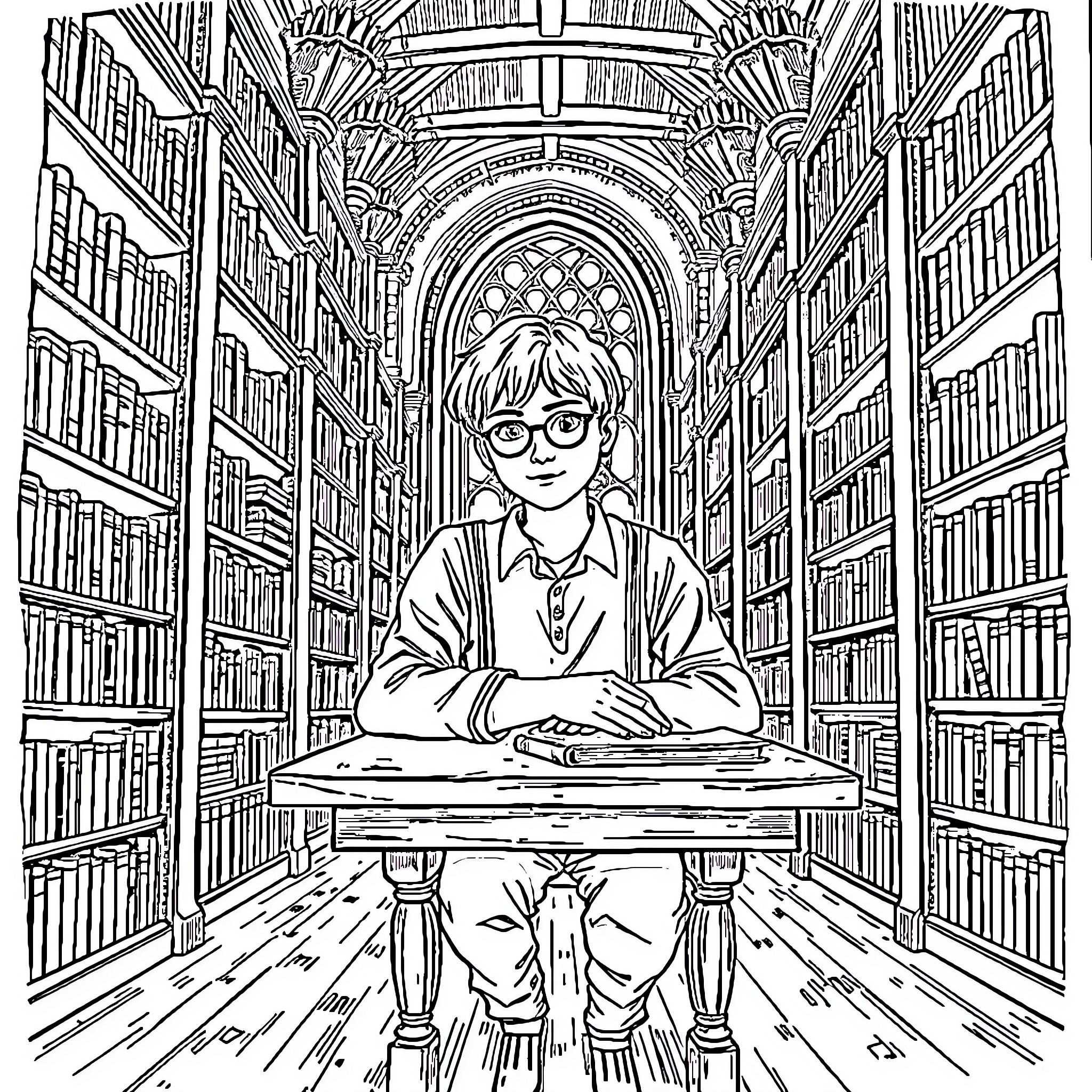 Hermione Granger in the library, studying intently Coloring Page (free black-and-white line drawing printable PDF for all, from beginners to advanced learners, including children, teens, adults, and seniors)